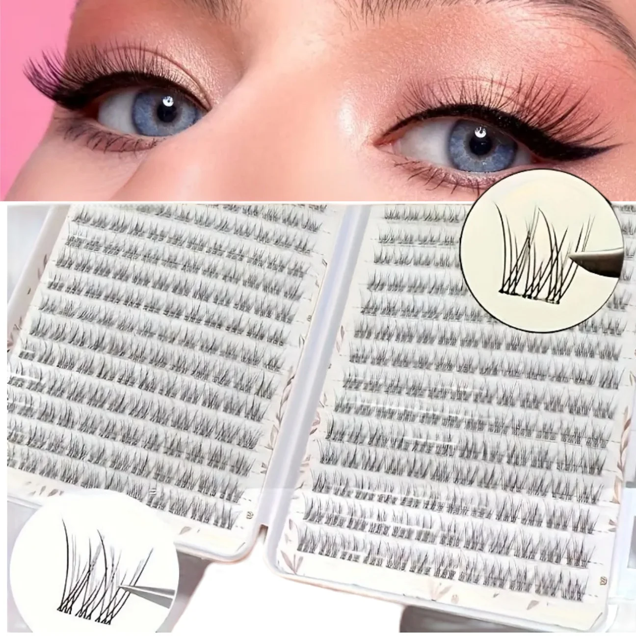 Ein Buch mit 384 Wimpern in Gruppen, mit wiederverwendbaren Einzelwimpern und einem dünnen, überkreuzten Fischschwanz-Design. Son Suav Image