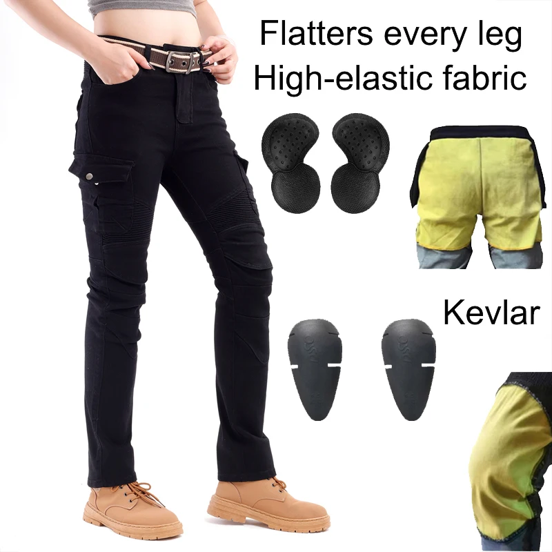 Aramid Motorradhose Damen Frühling Herbst Schützende Reitjeans Kevlar Motocross Abriebfest Image