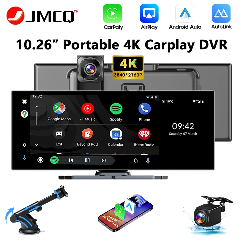 Tragbare 11,26 Zoll 4K Dashcam mit kabellosem CarPlay, Android Auto, Auto-DVR, GPS-Navigation, BT5.0, Armaturenbrett-Videorekorder, FM, AUX, Dual-BT Image