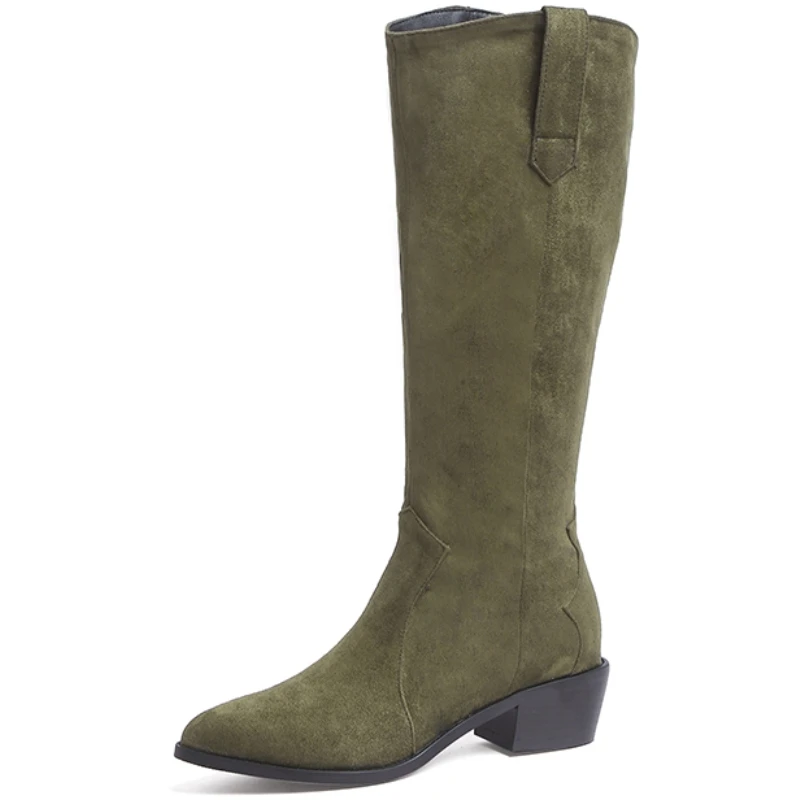 Mode frauen Kniehohe Stiefel Herbst Winter Schuhe Faux Wildleder Schwarz Grün Western Boot Block Heels Lange Schuhe Schuhe damen