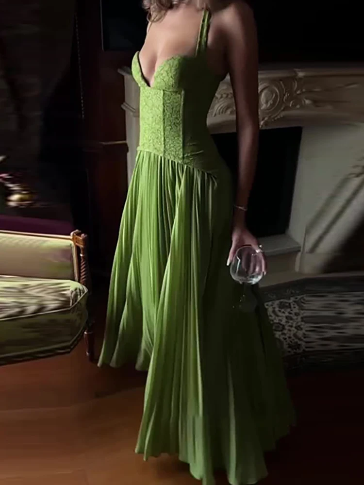 2026 frühling Sommer Backless Aushöhlen Schlank Robe Kleid Urlaub Ärmellose Frauen Kleid Grün Sexy Low Cut V-ausschnitt Leibchen Kleid