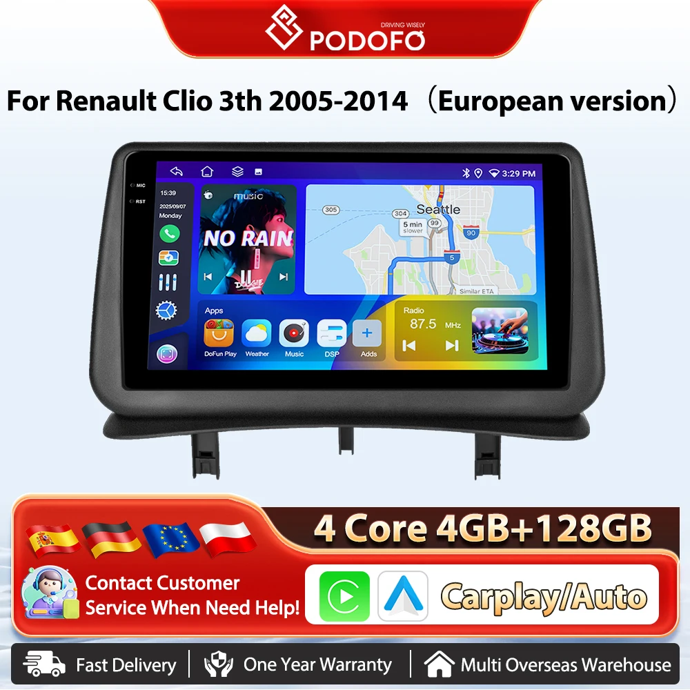 Podofo 9'' Auto-Multimedia-Player Für Renault Clio 3th 2005-2014(EU) Android CarPlay GPS Auto Radio WIFI FM AI Stimme Auto Stereo Image