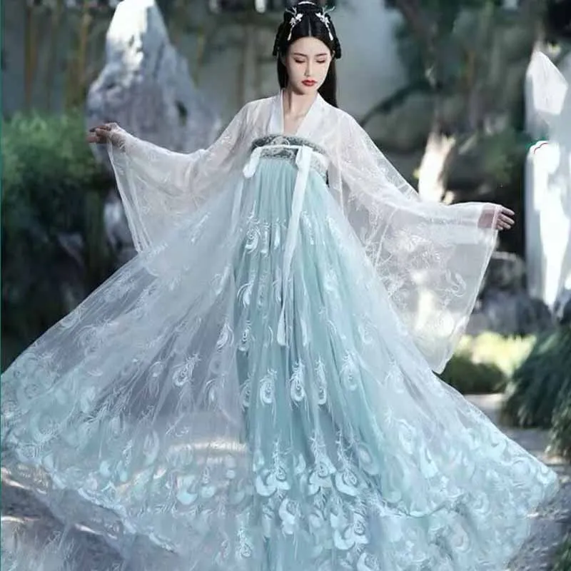 Große Größe 3XL Hanfu-Kleid für Frauen 115 kg Karneval Cosplay Kostüm Chinesisches Vintage Grün Bedrucktes Hanfu-Partykleid Plus Size