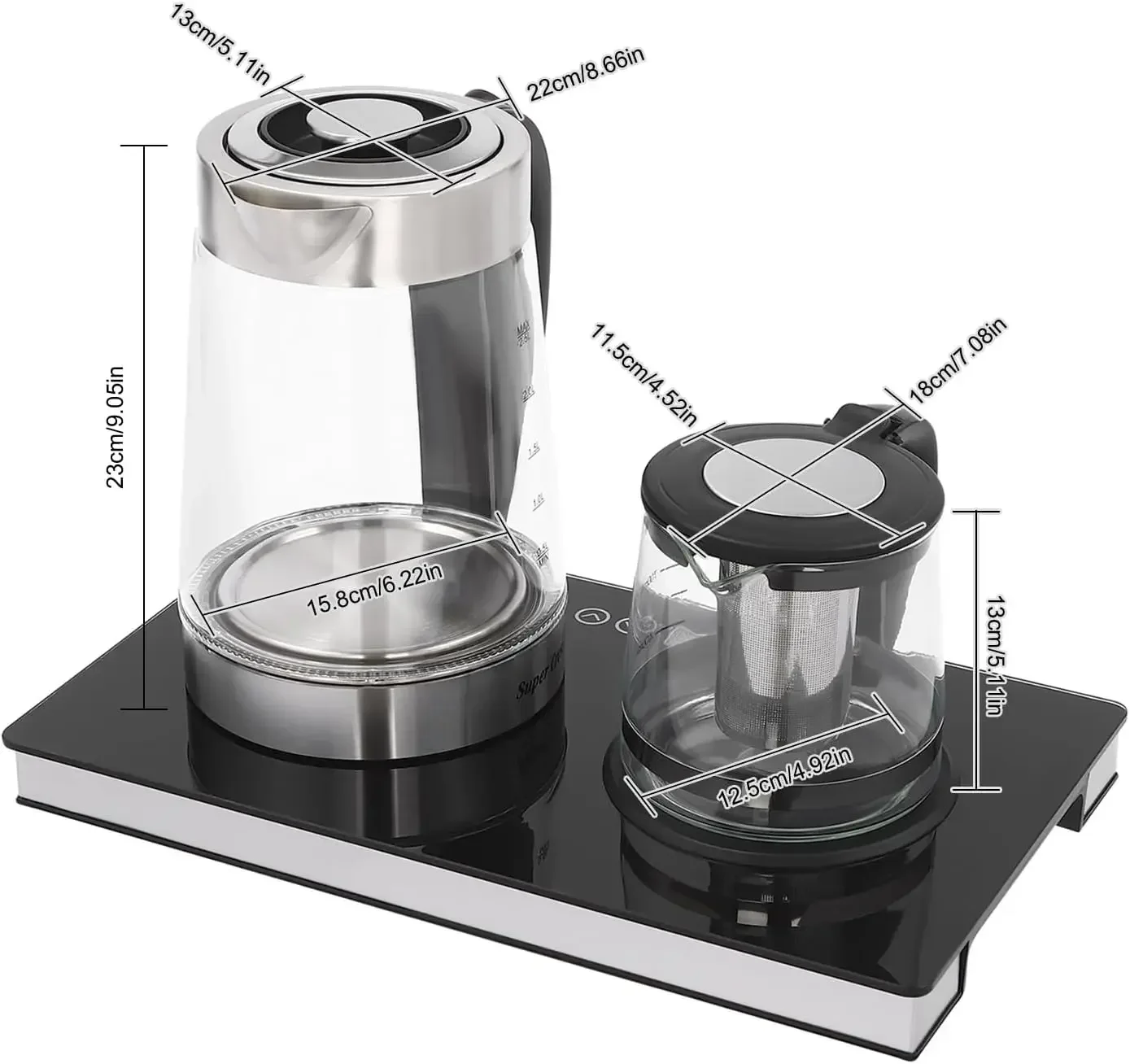 1800 W 2 Glas-Teekannen mit klarer Skala, Wasserkocher 2,5 l + 1 l, Teekessel, Touchscreen, LCD-Display, Teesieb, Warmhalten 70/80 ℃ Image