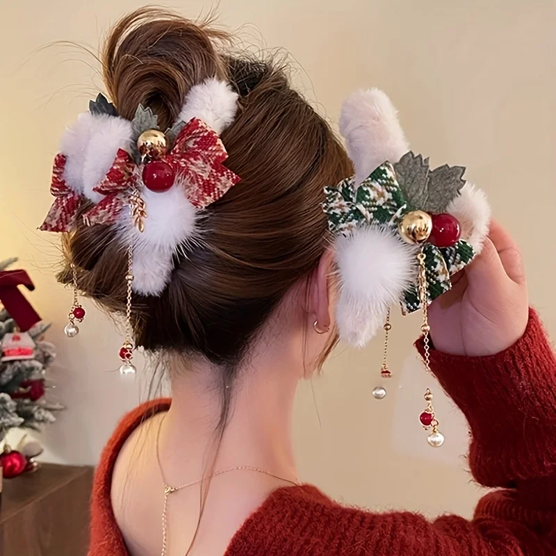 2 Stück elegante Weihnachten Plüsch Schleife Quaste Haarklammern Frauen Rot Grün Rechteckige rutschfeste Haifischklammern Kunstpelz Kiefernblätter