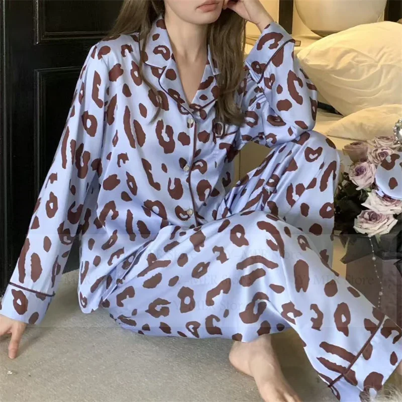Eis Seide Top Hose Frauen Nachtwäsche Leopard Print Nachtwäsche Pijama Anzug 2Pcs Langarm Pijama Mujer Loungewear Hause Kleidung Image