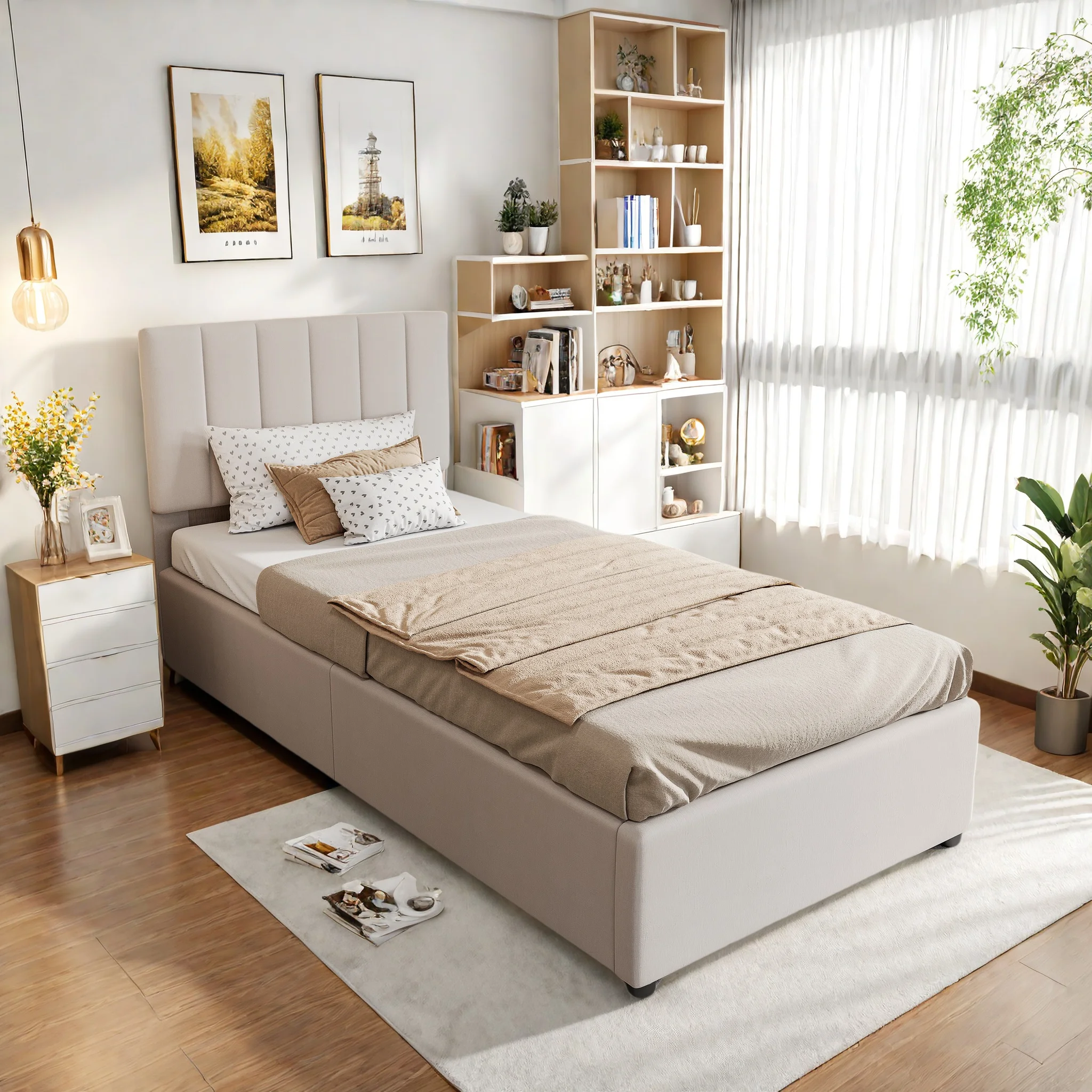 Rosahqnda Kinderbett 90x200 cm, Polsterbett, für Jungen und Mädchen, Einzelbett, hydraulisches Stauraumbett, Leinen, ohne Matratze Image