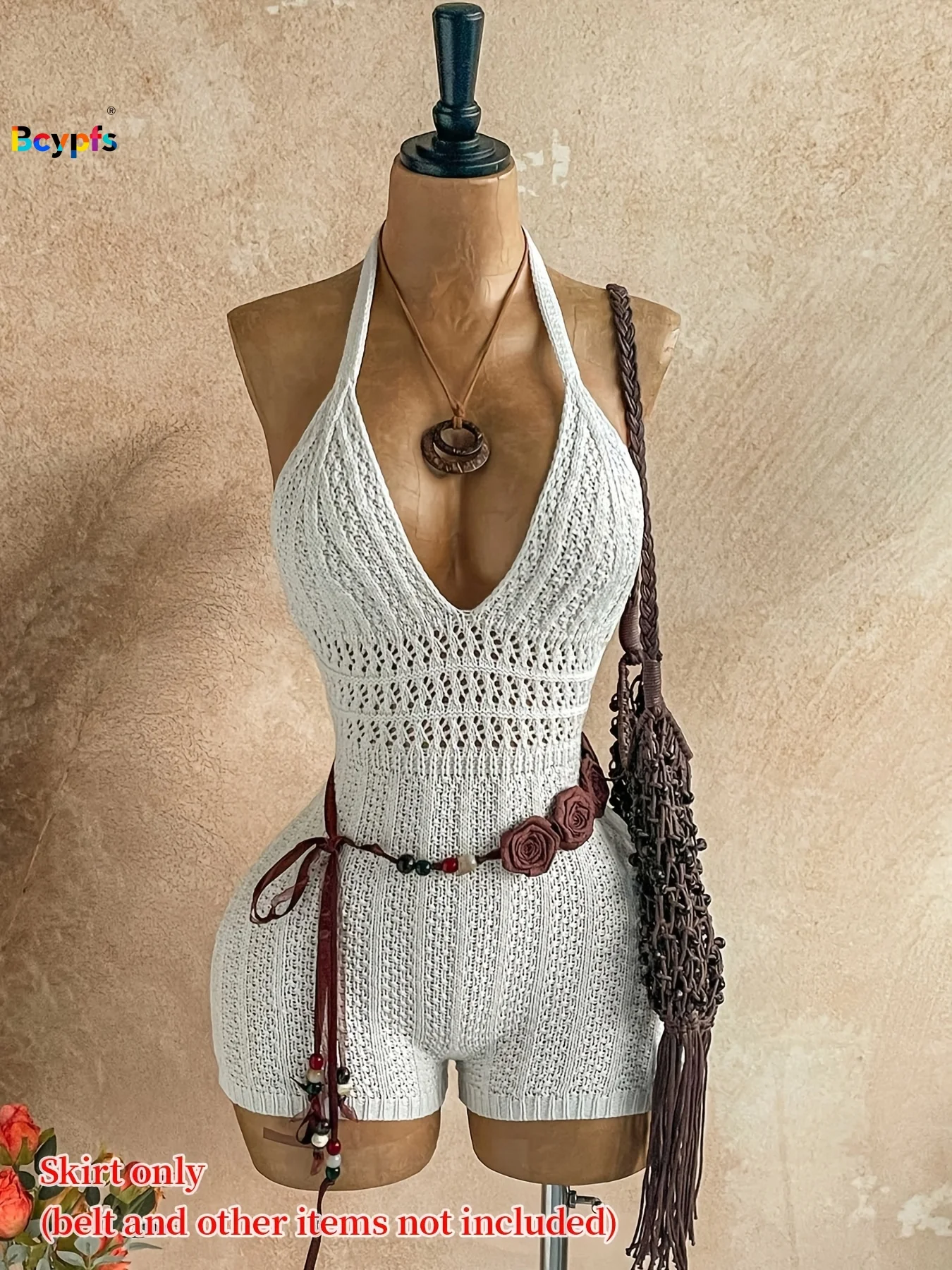 2026 Damen Häkel-Neckholder-Romper Weiß Ausgehöhlter Rückenfreier Eng Anliegender Gestrickter Bodysuit für Strandurlaub Sommerfestival Image