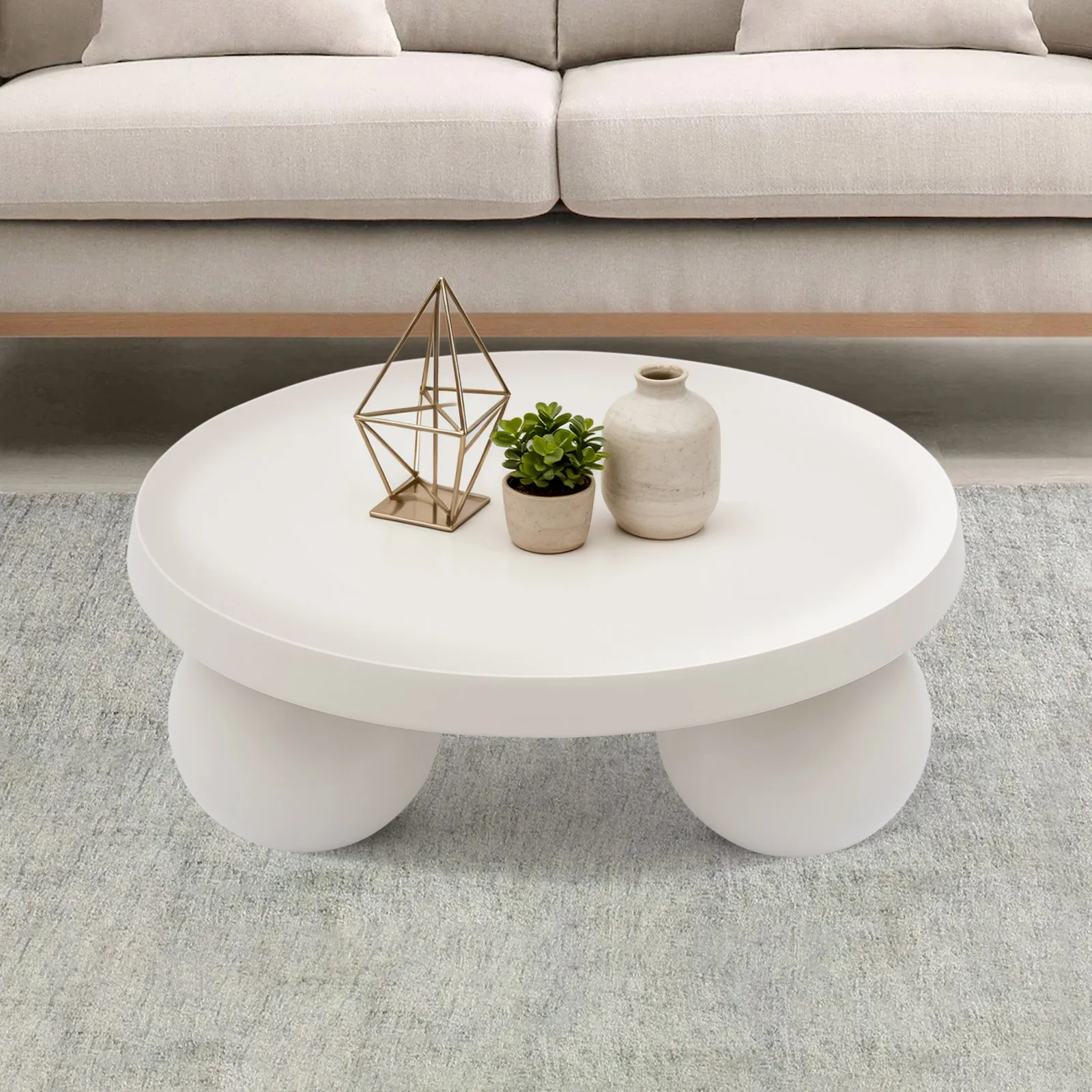 Couchtisch Beistelltisch mit Kugelsockel Beistelltisch für Wohnzimmer Schlafzimmer Cremefarbener Runder Wohnzimmertisch Image