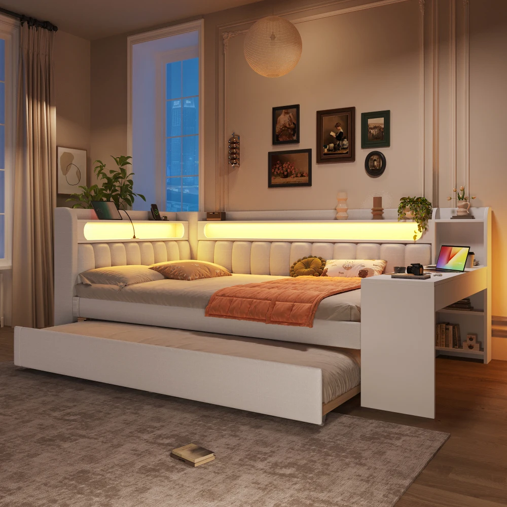 140 x 200 cm großes modernes gepolstertes Tagesbett mit USB-Anschlüssen und LED-Gürtel, ausziehbarem Bett und Schreibtisch, Doppelbett, für Schlafzimmer für Erwachsene Image