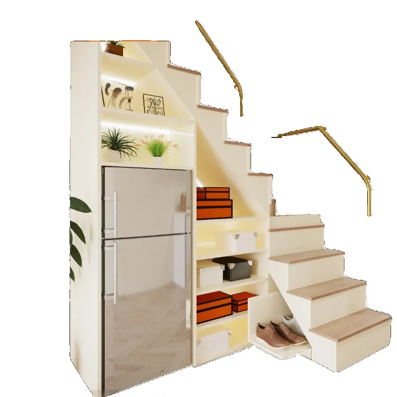 Originelles Design, Duplex-Loft, privat, kundenspezifisch, integrierte Treppe, Aufbewahrungstreppe, kundenspezifischer Unterleiter-Aufbewahrungsschrank, Schuhschrank