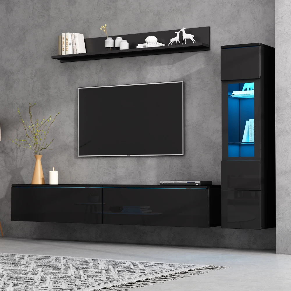 3-teiliges TV-Wohnzimmer-Wandset mit LED-Beleuchtung, Hochglanz-Möbelset, TV-Schrank, Vitrine und Hängeregal, für Fernseher bis zu 80 Zoll