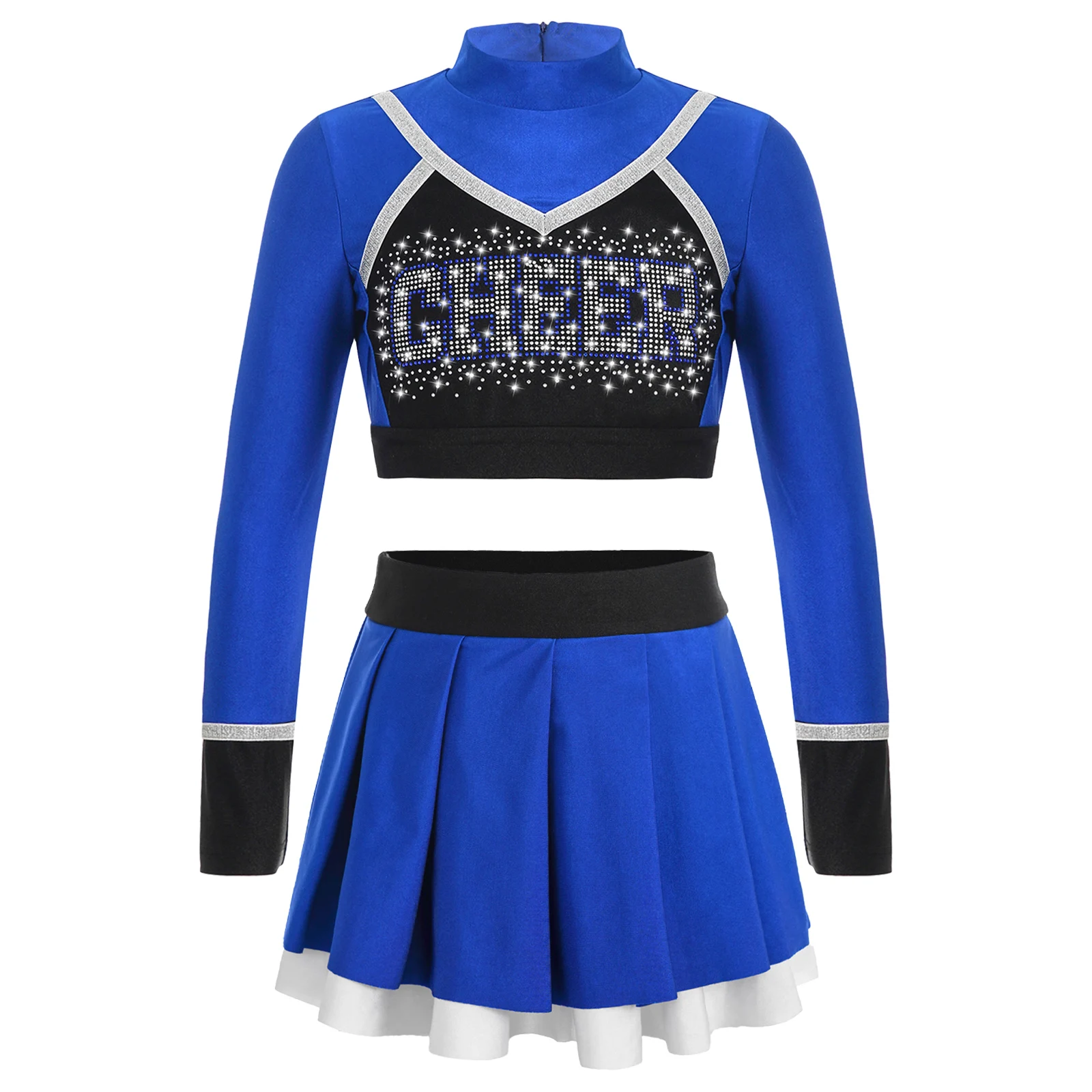 Kinder Schulmädchen Cheerleading Gymnastik Performance Kostüm Cheerleader Uniform Langarm Strass Crop Top mit Röcken Image