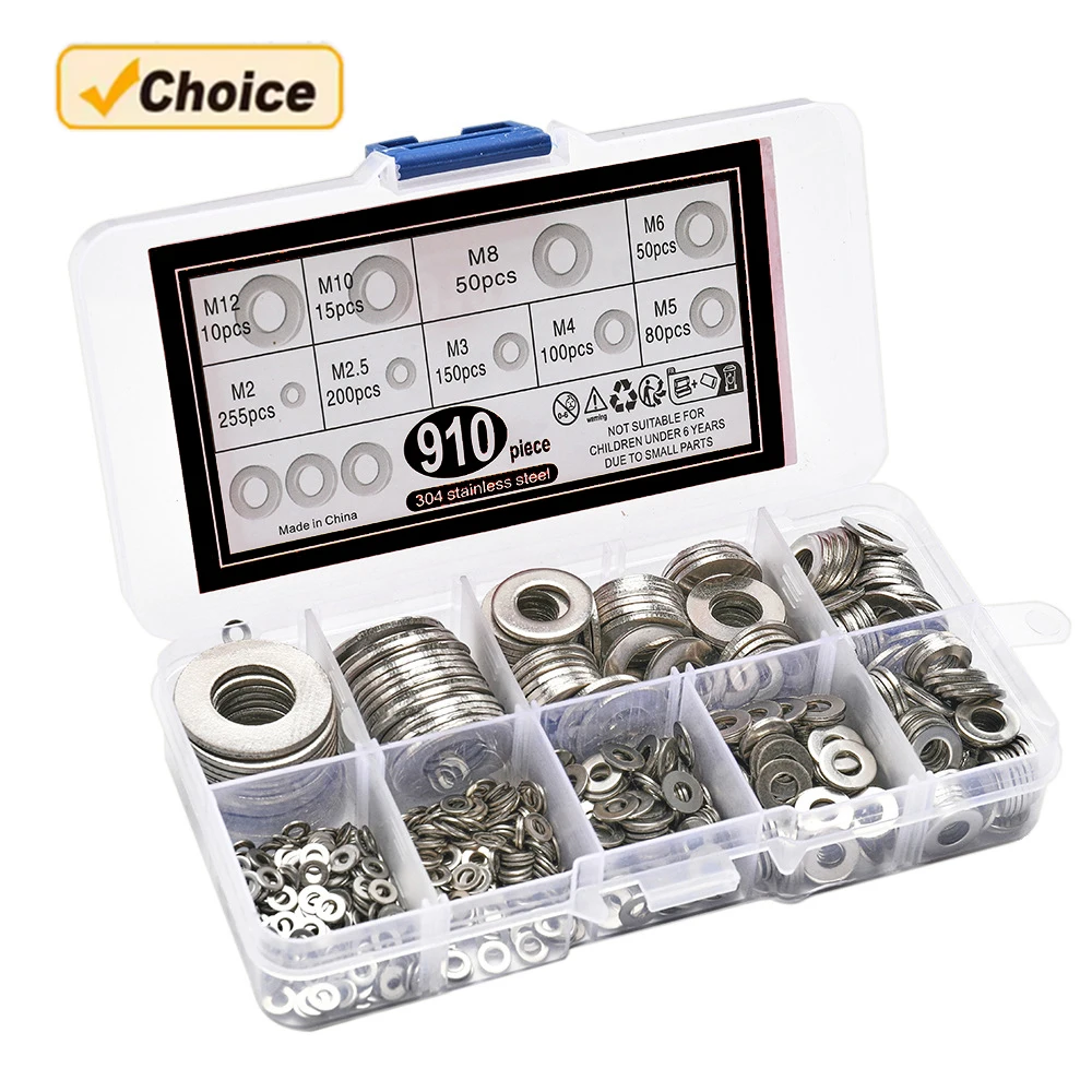 910 Stück/200 Stück Edelstahl-Unterlegscheiben-Sets, Metall-Unterlegscheiben, O-Ringe, Flache Dichtungen, Befestigungsmittel, Hardware-Sortiment-Sets Image