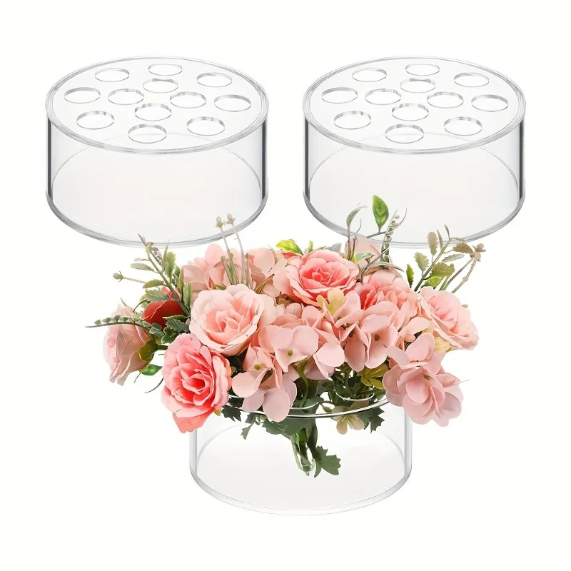 3/6 Stück Acryl Transparent Floral Herzstück Tischdekoration Runde Acryl Blumen Vase 12 Löcher Esstisch Niedriger Blumenständer Image