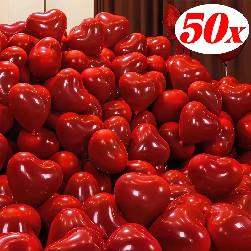 Valentine 50/10 Stück rote Herzballons, aufblasbare Latexballons für Valentinstag, Hochzeit, Party, Jahrestag, Dekorationszubehör Image