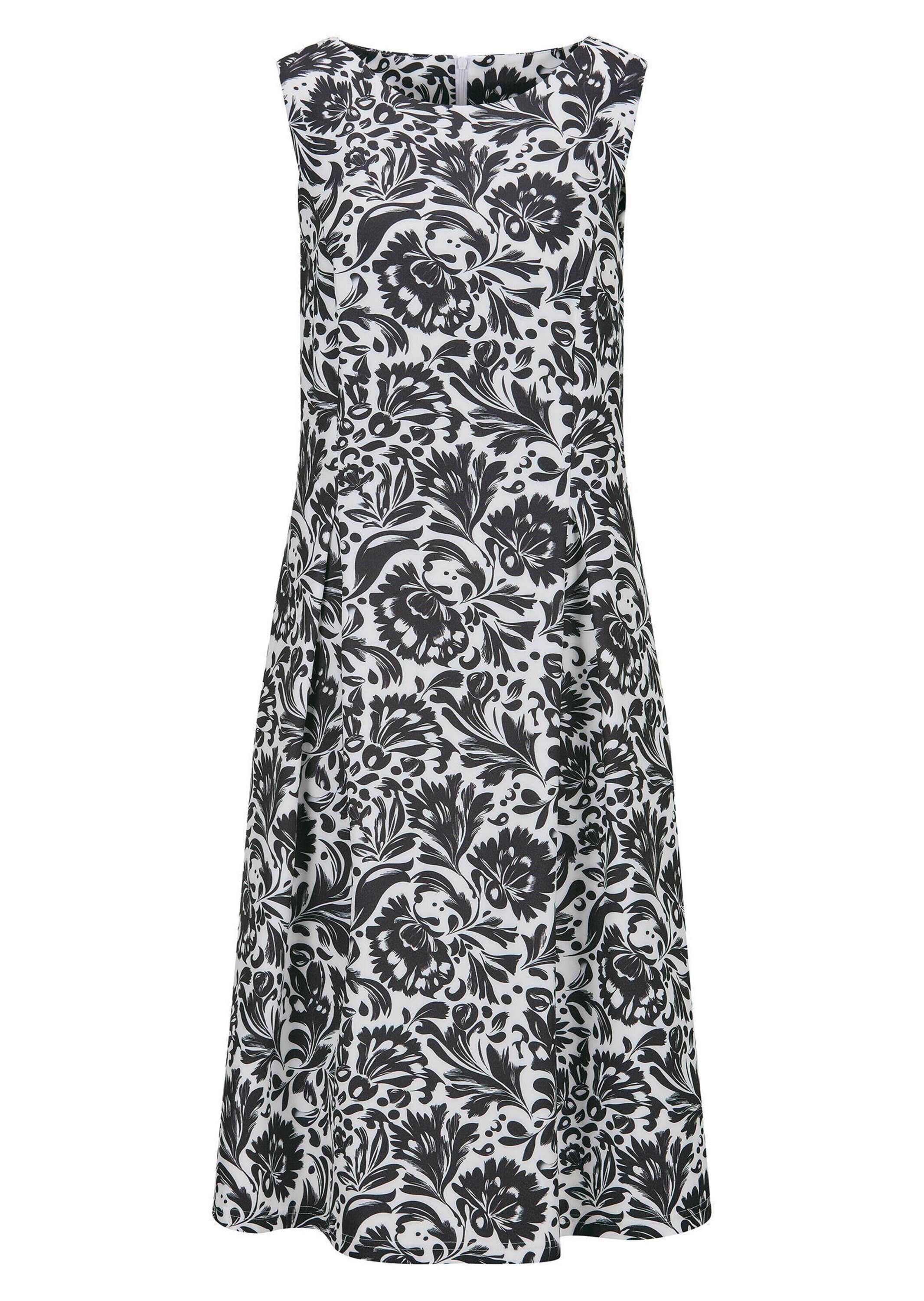 Sommerkleid GOLDNER "Kurzgröße Elegantes Jerseykleid mit Faltenrock", Damen, Gr. 21, K-Gr, schwarz, weiß, gemustert, Obermaterial: 87% Polyester PES. 13% Elasthan EL., figurumspielend, Kleider Sommerkleid, Nahttaschen an der Seite