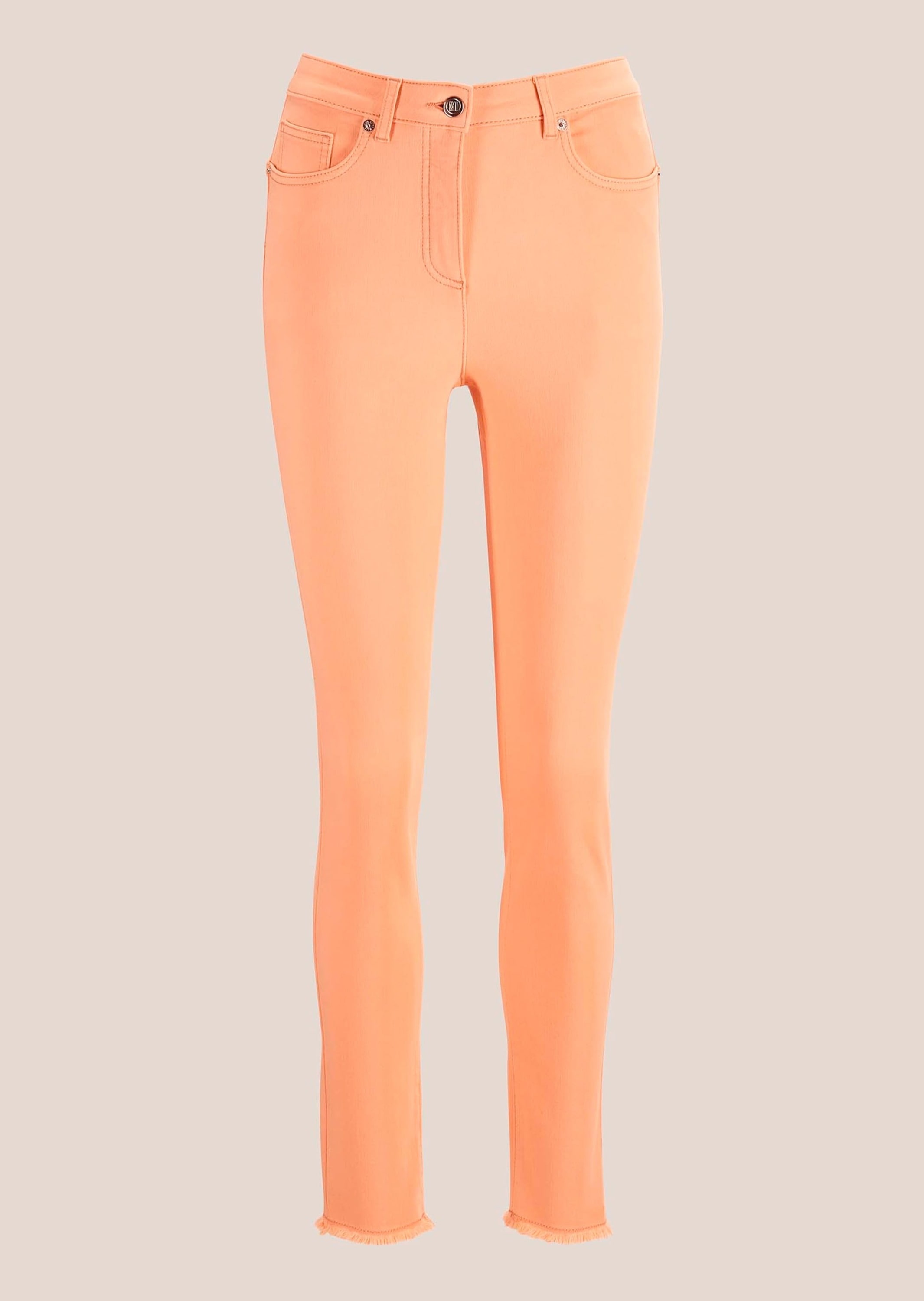 Regular-fit-Jeans MADELEINE "Jeans Mid Waist Skinny-Hose mit Fransen", Damen, Gr. 21, N-Gr, orange (pfirsich), Obermaterial: 92% Baumwolle CO. 6% Polyester PES. 2% Elasthan EL., Jeans