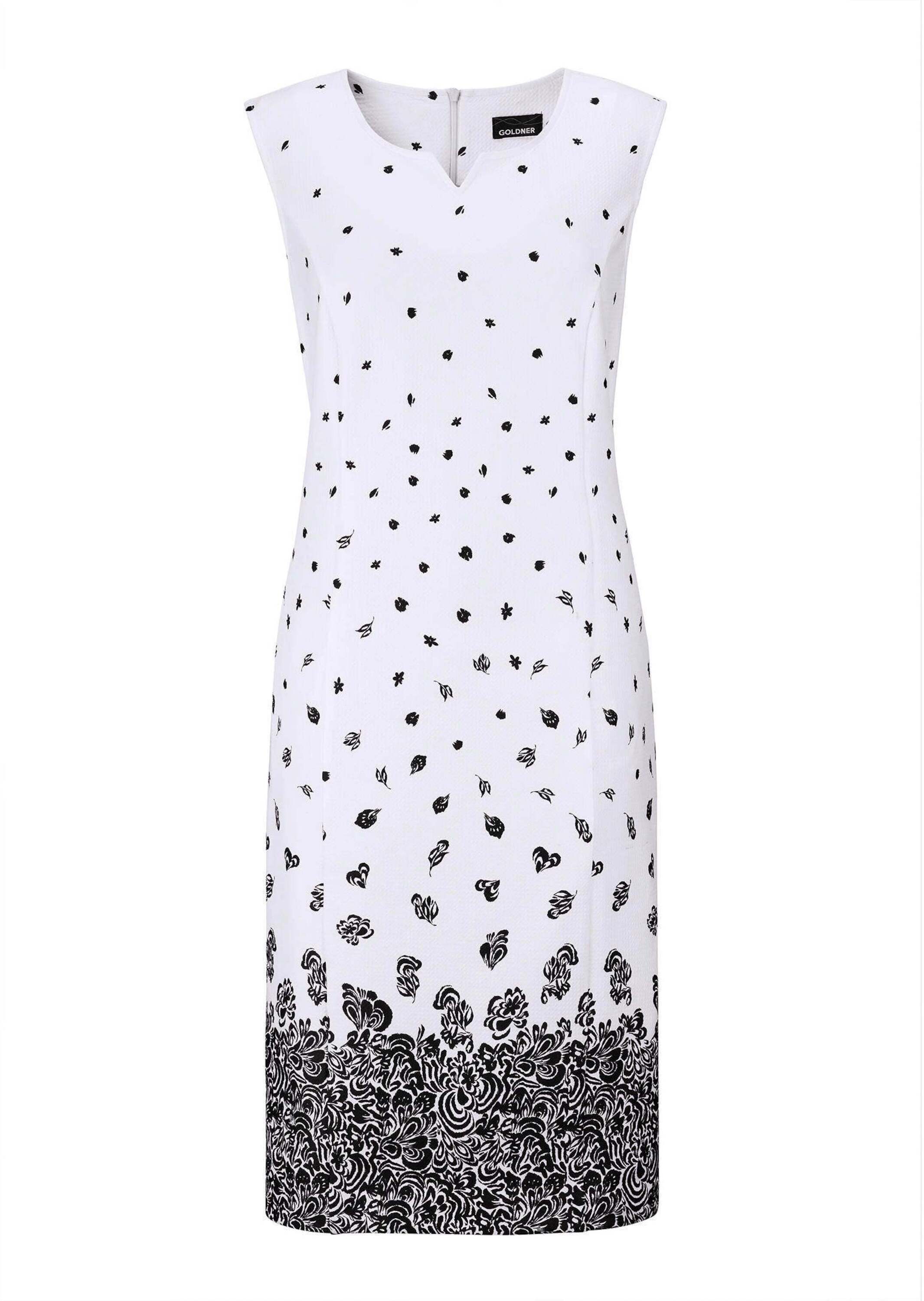 Abendkleid GOLDNER "Kurzgröße Etuikleid mit Blumenprint, Jersey", Damen, Gr. 21, K-Gr, schwarz-weiß (schwarz, weiß, gemustert), Obermaterial: 95% Polyester PES. 5% Elasthan EL., keine/nicht relevant, Kleider Abendkleid, Gehschlitz