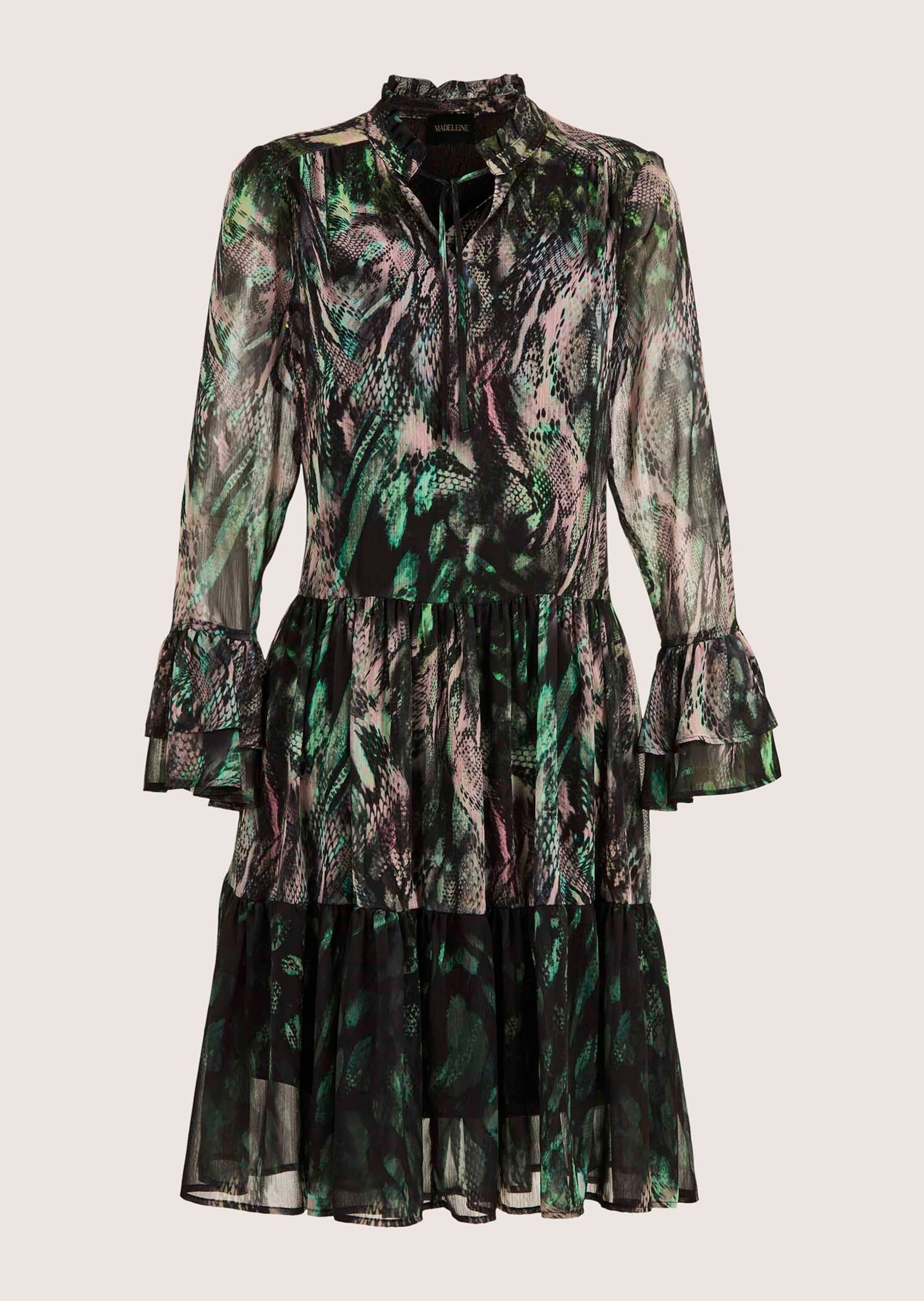 Sommerkleid MADELEINE "Kleid Elegantes Stufenkleid mit All-Over-Print", Damen, Gr. 38, N-Gr, schwarz (schwarz, taupe, multicolor), Obermaterial: 100% Polyester PES., Modern, Kleider Sommerkleid, Chiffonqualität