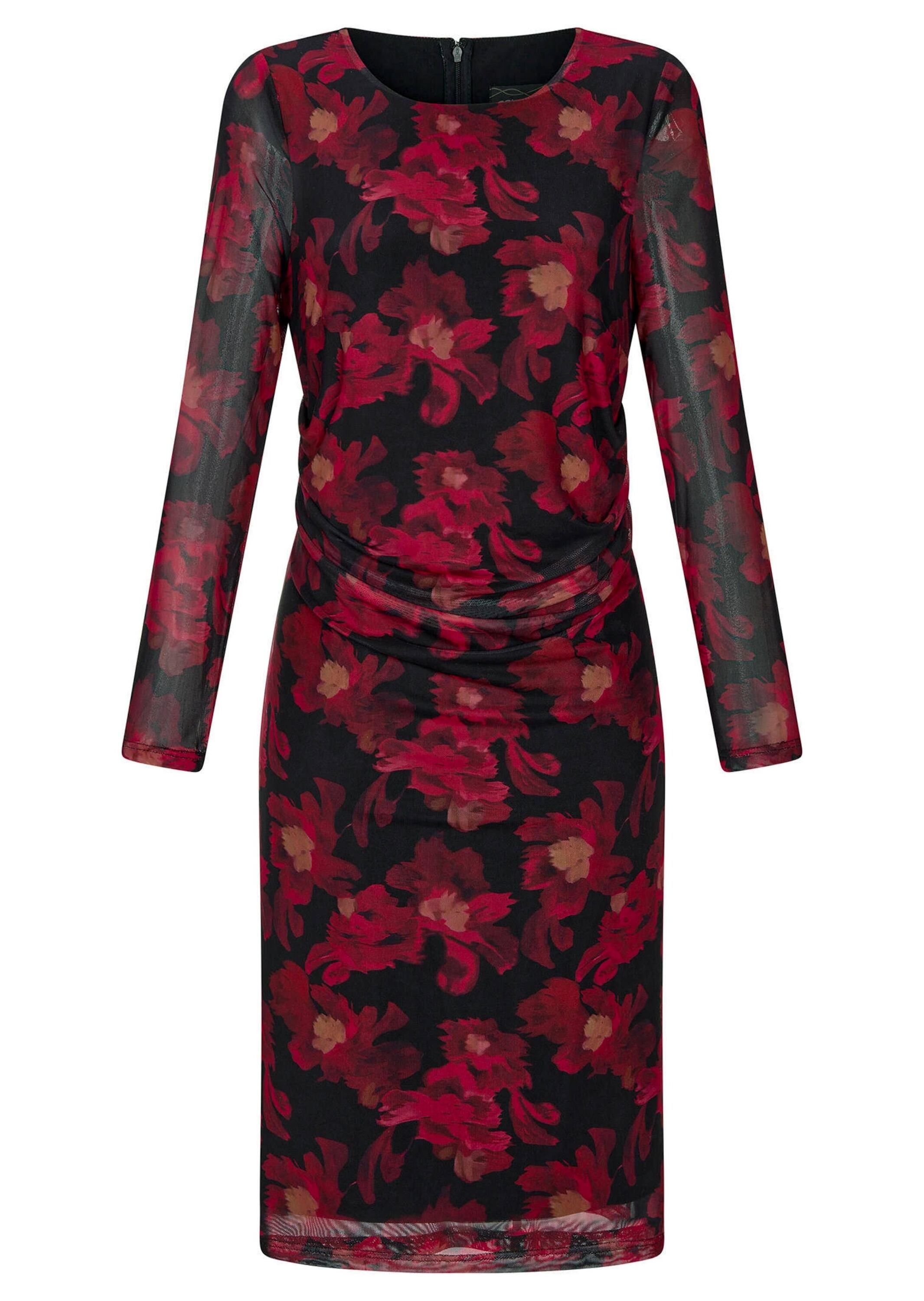 Abendkleid GOLDNER "Kurzgröße Kleid aus weichem Mesh", Damen, Gr. 21, K-Gr, schwarz (schwarz, rot, geblümt), Obermaterial: 90% Polyester PES. 10% Elasthan EL., Kleider Abendkleid