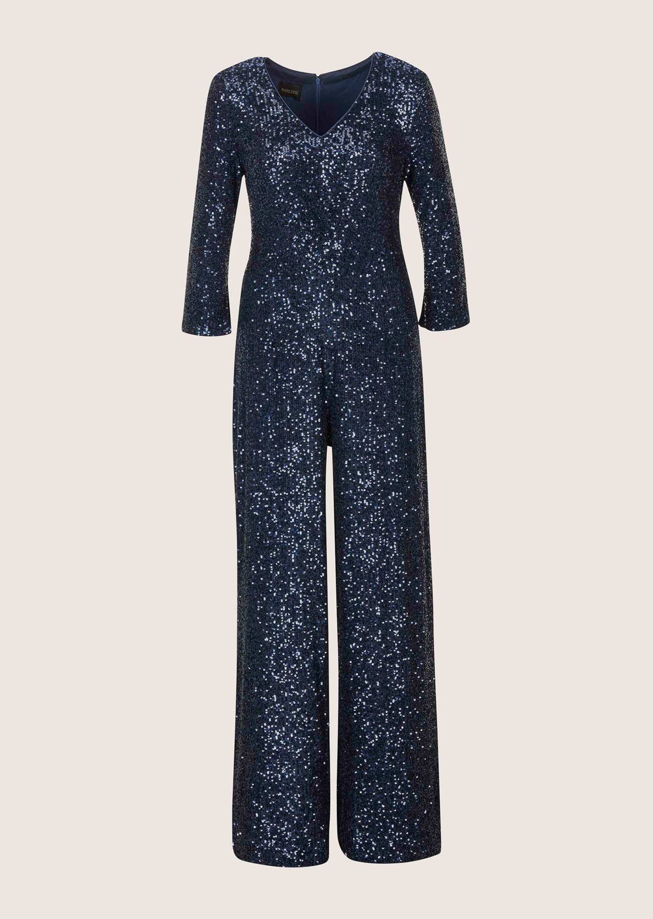 Overall MADELEINE "Jumpsuit Eleganter Pailletten-Einteiler", Damen, Gr. 36, N-Gr, blau (dunkelblau), Obermaterial: 100% Polyester PES., Overalls Overall