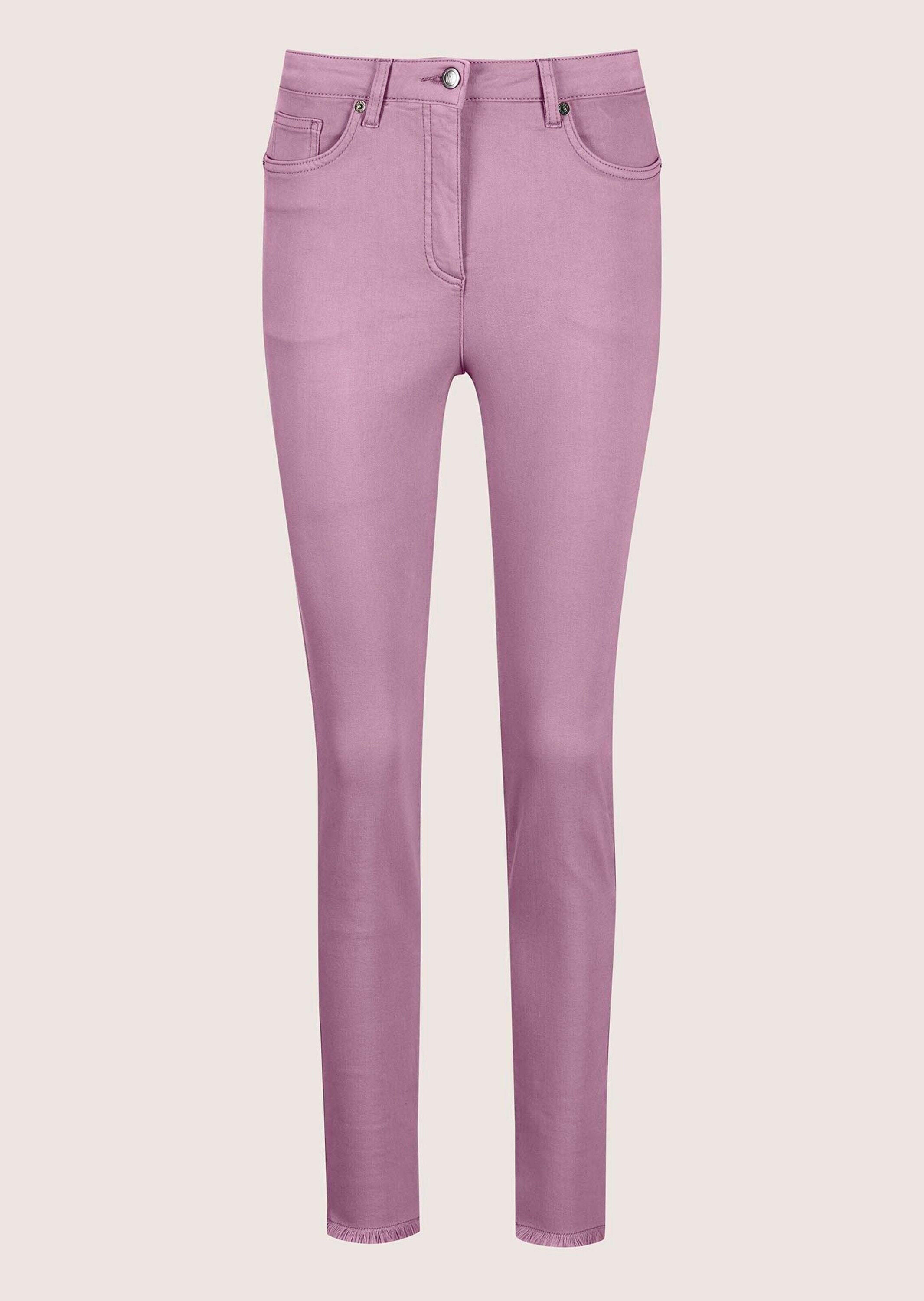 Regular-fit-Jeans MADELEINE "Jeans Mid Waist Skinny-Hose mit Fransen", Damen, Gr. 21, K-Gr, lila (malve), Obermaterial: 92% Baumwolle CO. 6% Polyester PES. 2% Elasthan EL., Jeans