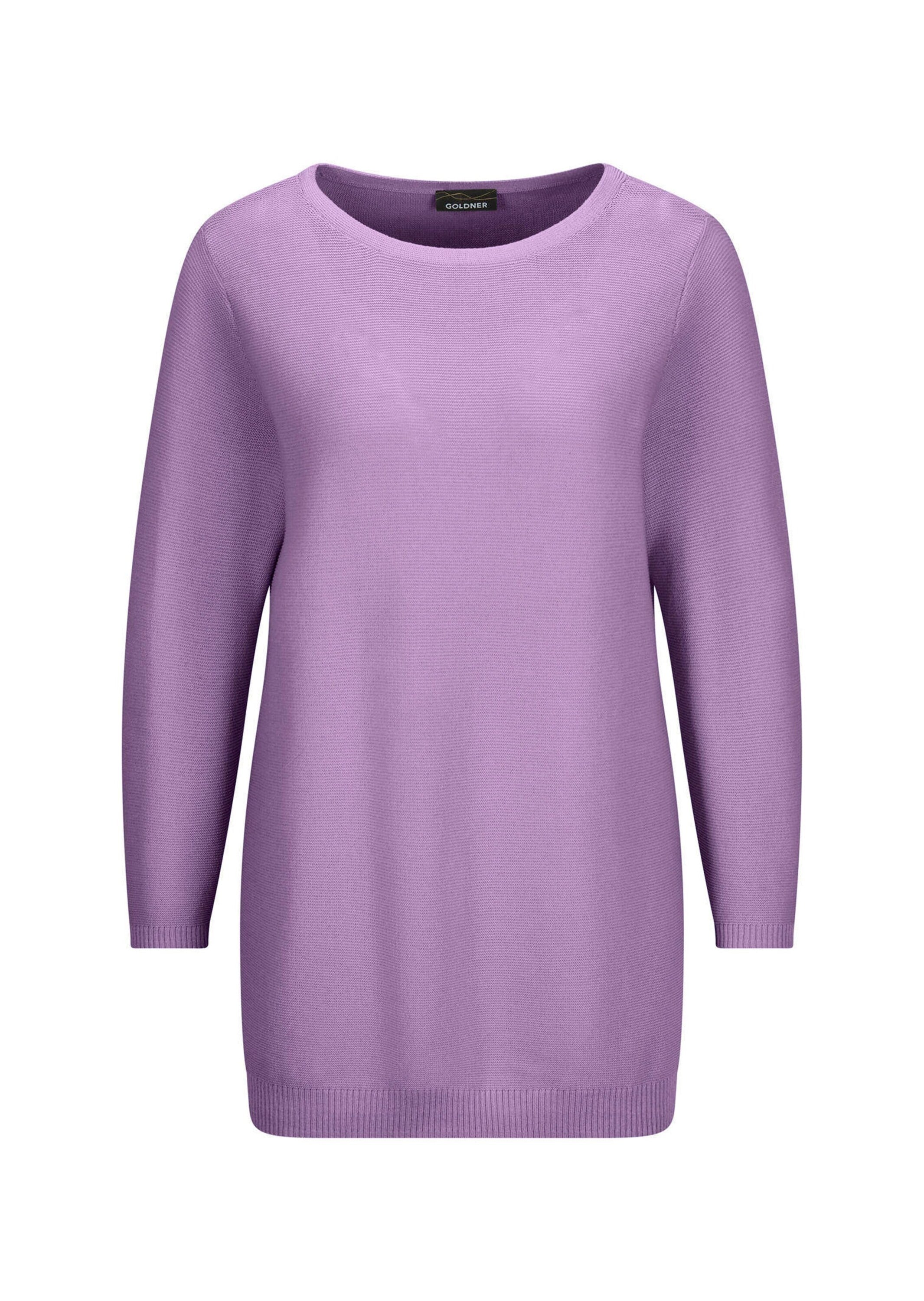 Rundhalspullover GOLDNER "Kurzgröße Eleganter Baumwollpullover, Halbarm", Damen, Gr. 19, lila (flieder), Obermaterial: 100% Baumwolle CO., Pullover Rundhalspullover