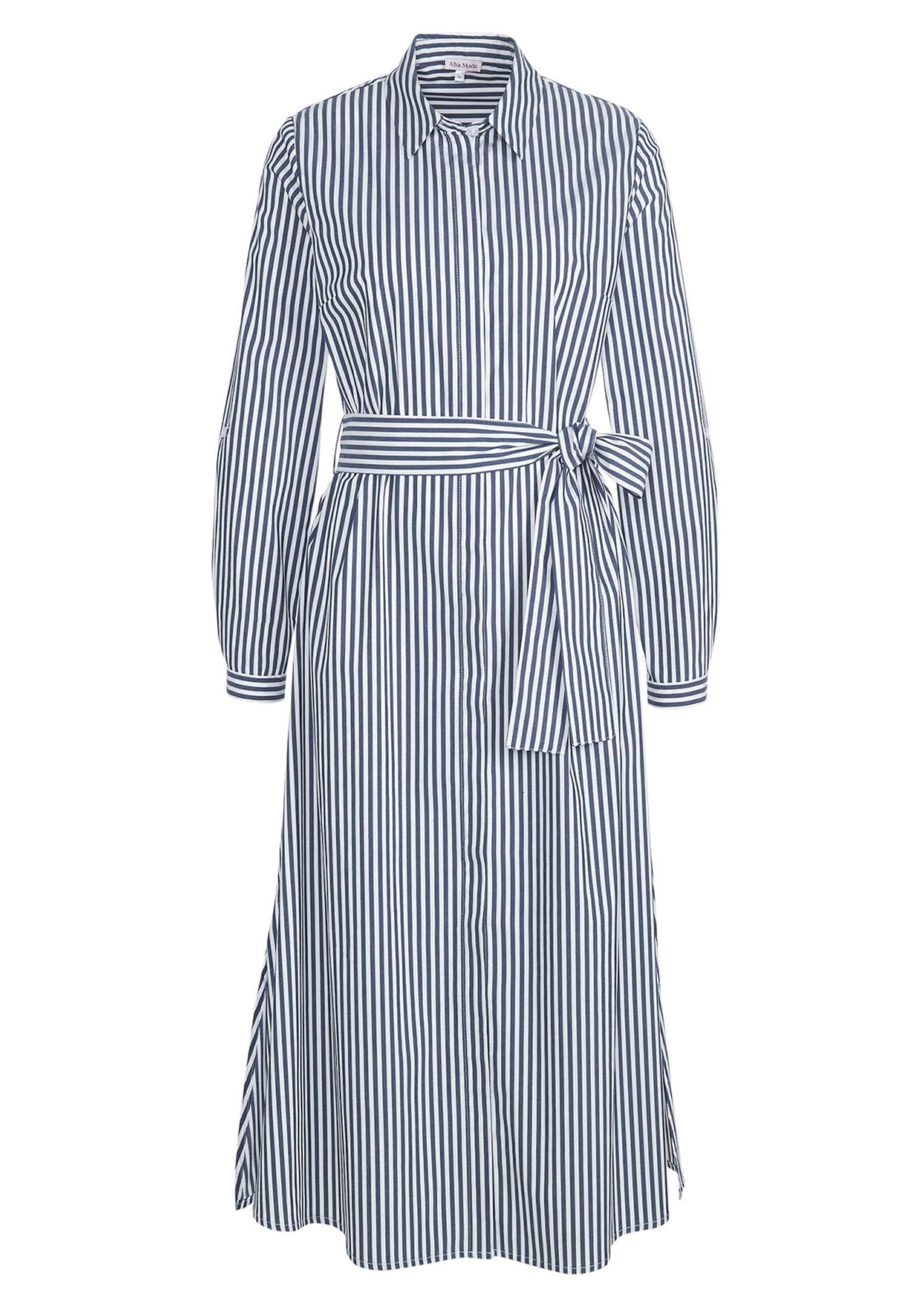 Midikleid ALBA MODA "Kleid Kleid", Damen, Gr. 36, N + K Gr, blau (marine, weiß), Obermaterial: 76% Baumwolle CO. 22% Polyester PES. 2% Elasthan EL., Modern, figurbetont, Kleider Midikleid