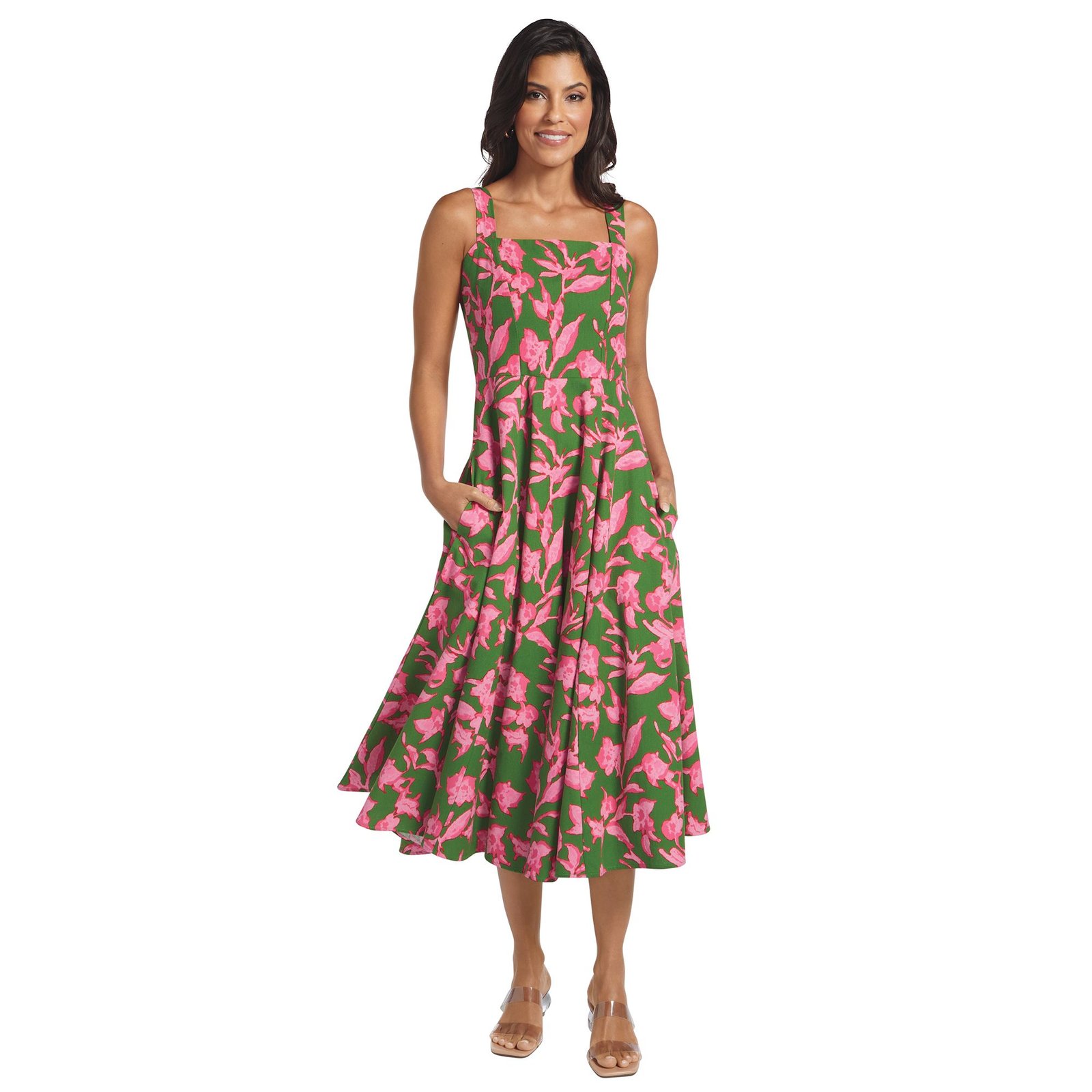 Masseys Daydream Tank Dress (Size 2X) Green/Pink Floral, Cotton,Linen,Rayon
