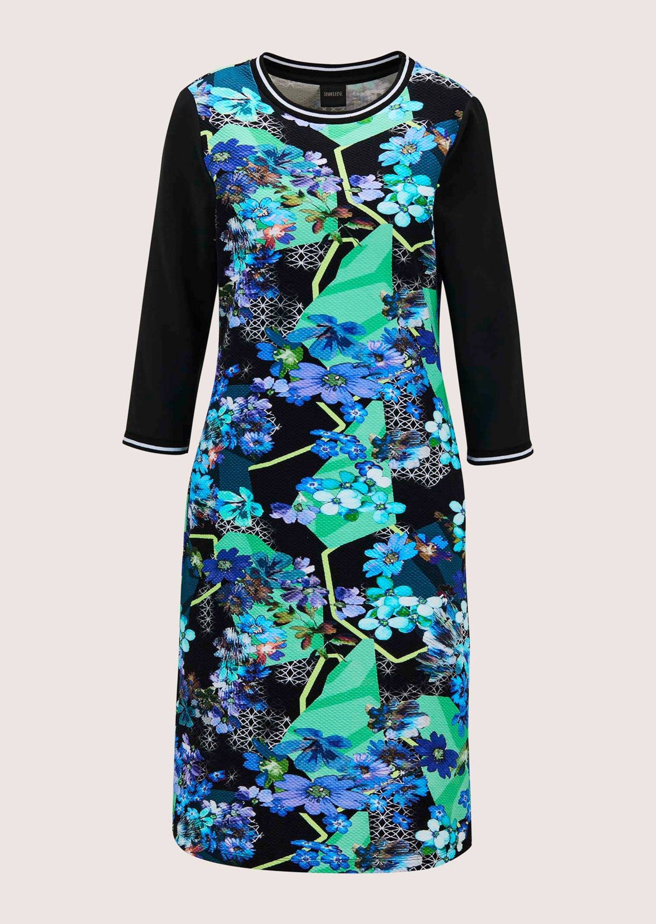 Sommerkleid MADELEINE "Kleid Farbenfrohes Jersey-Kleid", Damen, Gr. 36, N-Gr, blau (türkis, multicolor), Obermaterial: 60% Baumwolle CO. 35% Polyester PES. 5% Elasthan EL., Modern, Kleider Sommerkleid, Kontratsstarke Blende