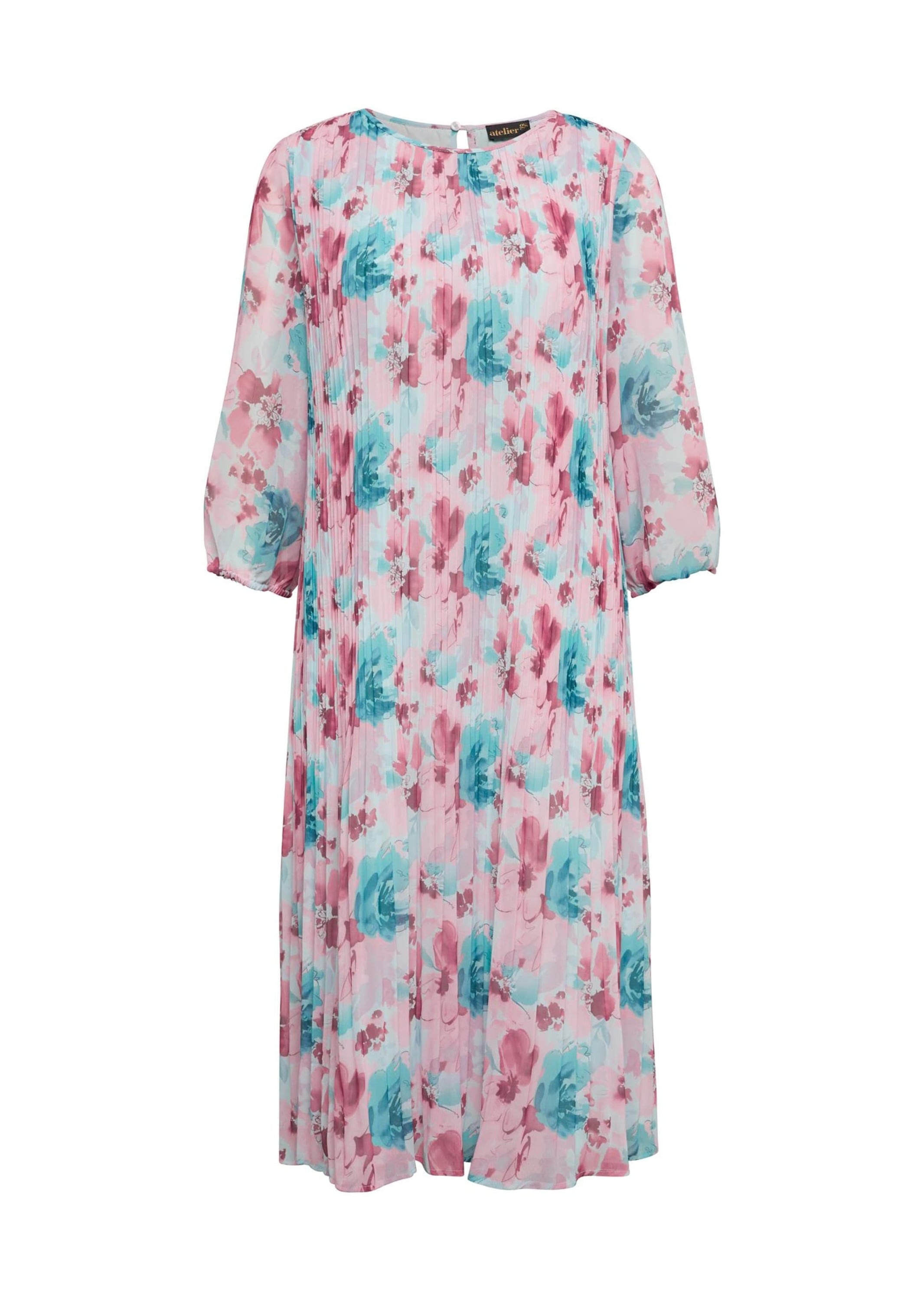 Etuikleid GOLDNER "Kurzgröße Aufregend plissiertes Kleid", Damen, Gr. 22, K-Gr, orange (lagune, apricot, geblümt), Obermaterial: 100% Polyester PES., Kleider Etuikleid