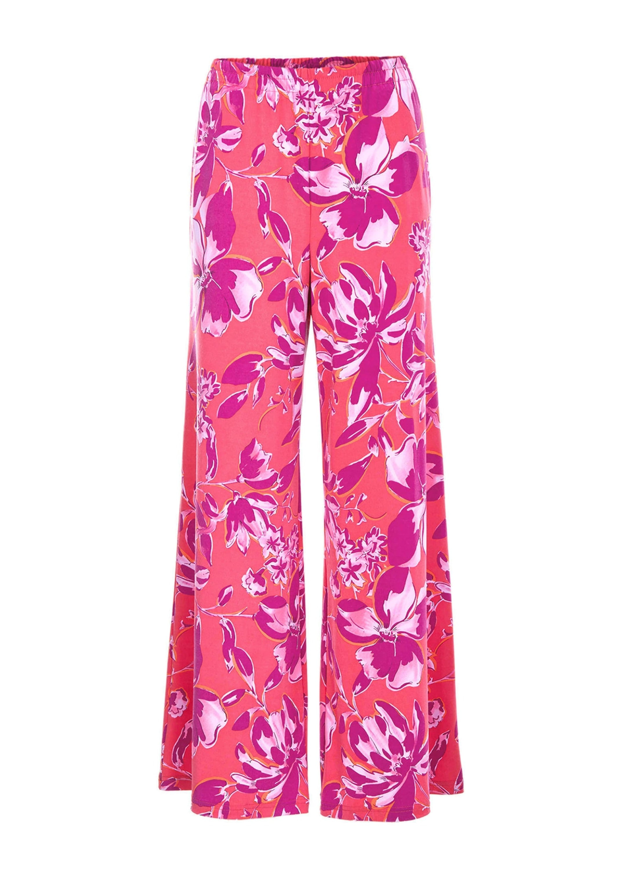 2-in-1-Hose GOLDNER "Palazzo-Hose mit sommerlichem Druck", Damen, Gr. 40, N-Gr, rosa (pink, mandarine, geblümt), Obermaterial: 95% Polyester PES. 5% Elasthan EL., Hosen