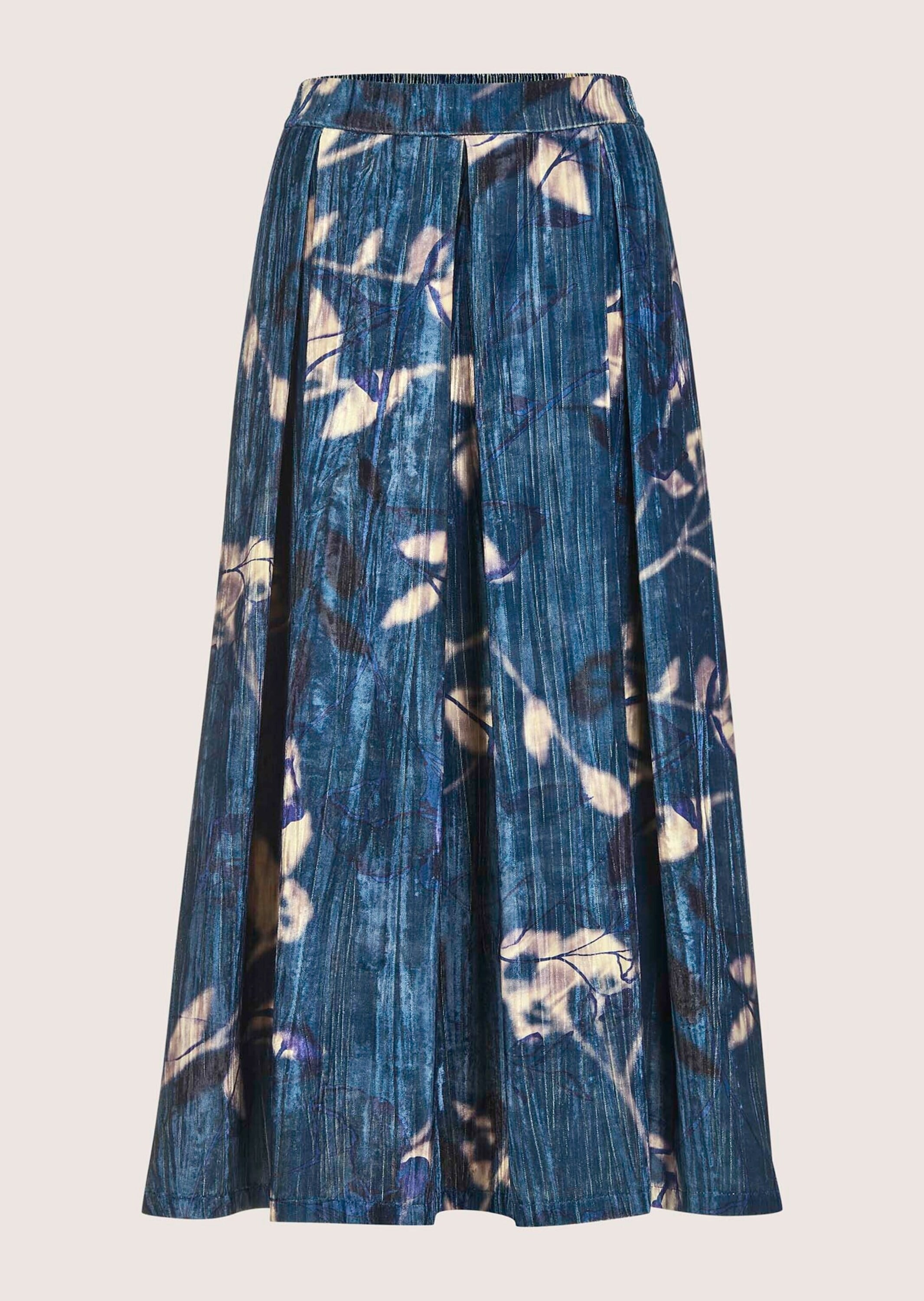 Midirock MADELEINE "Samtrock Eleganter Midirock mit floralem Design", Damen, Gr. 36, blau (tintenblau, multicolor), Obermaterial: 100% Polyester PES., Modern, Röcke, Samtrock in Midilänge mit floralem Print