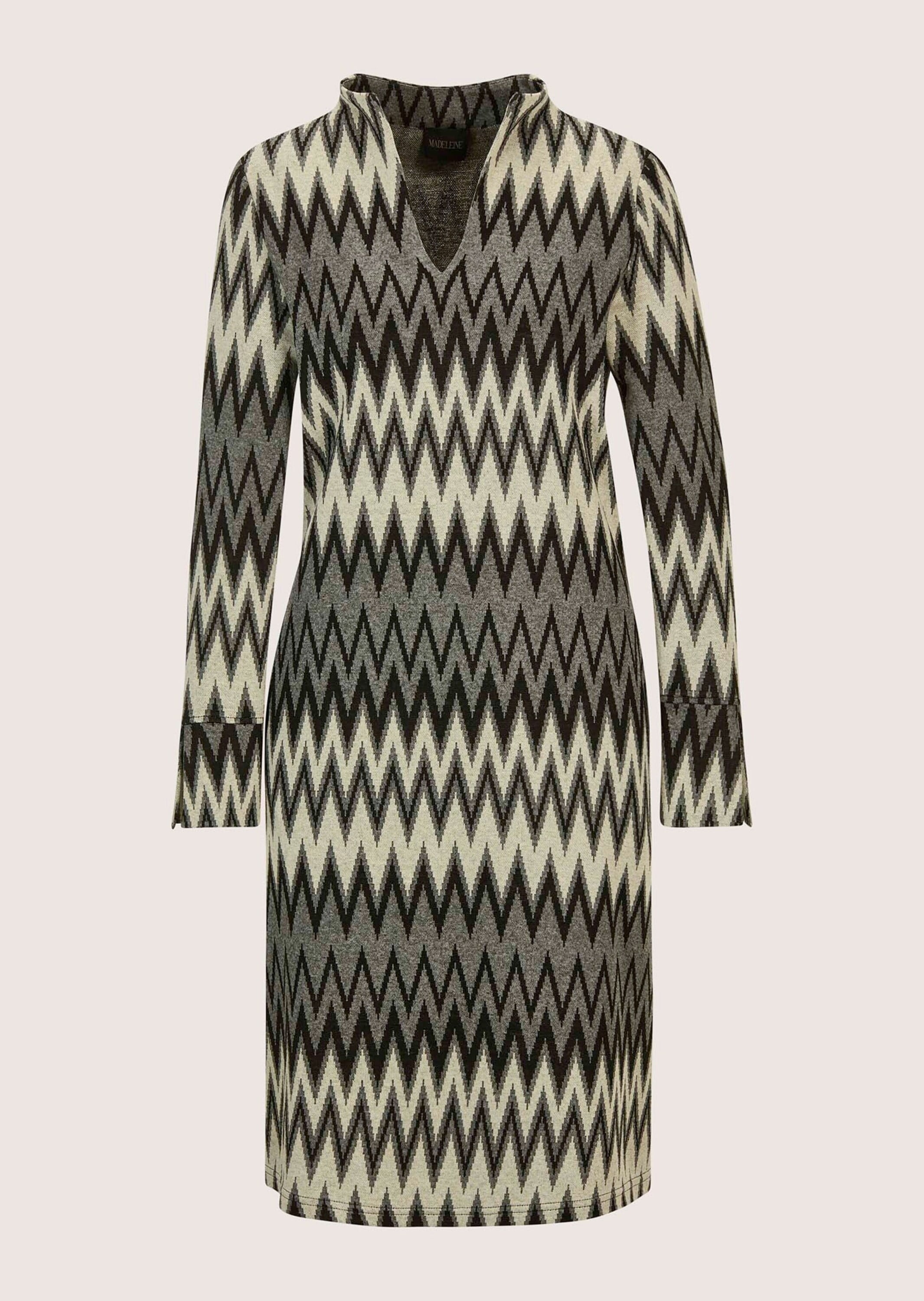 Sommerkleid MADELEINE "Kleid Elegantes Kleid mit Zick-Zack-Muster", Damen, Gr. 40, N-Gr, grau (grau, wollweiß, multicolor), Obermaterial: 63% Viskose CV. 31% Polyacryl PAN. 3% Elasthan EL. 3% Polyamid PA., Modern, Kleider Sommerkleid, Modisches...