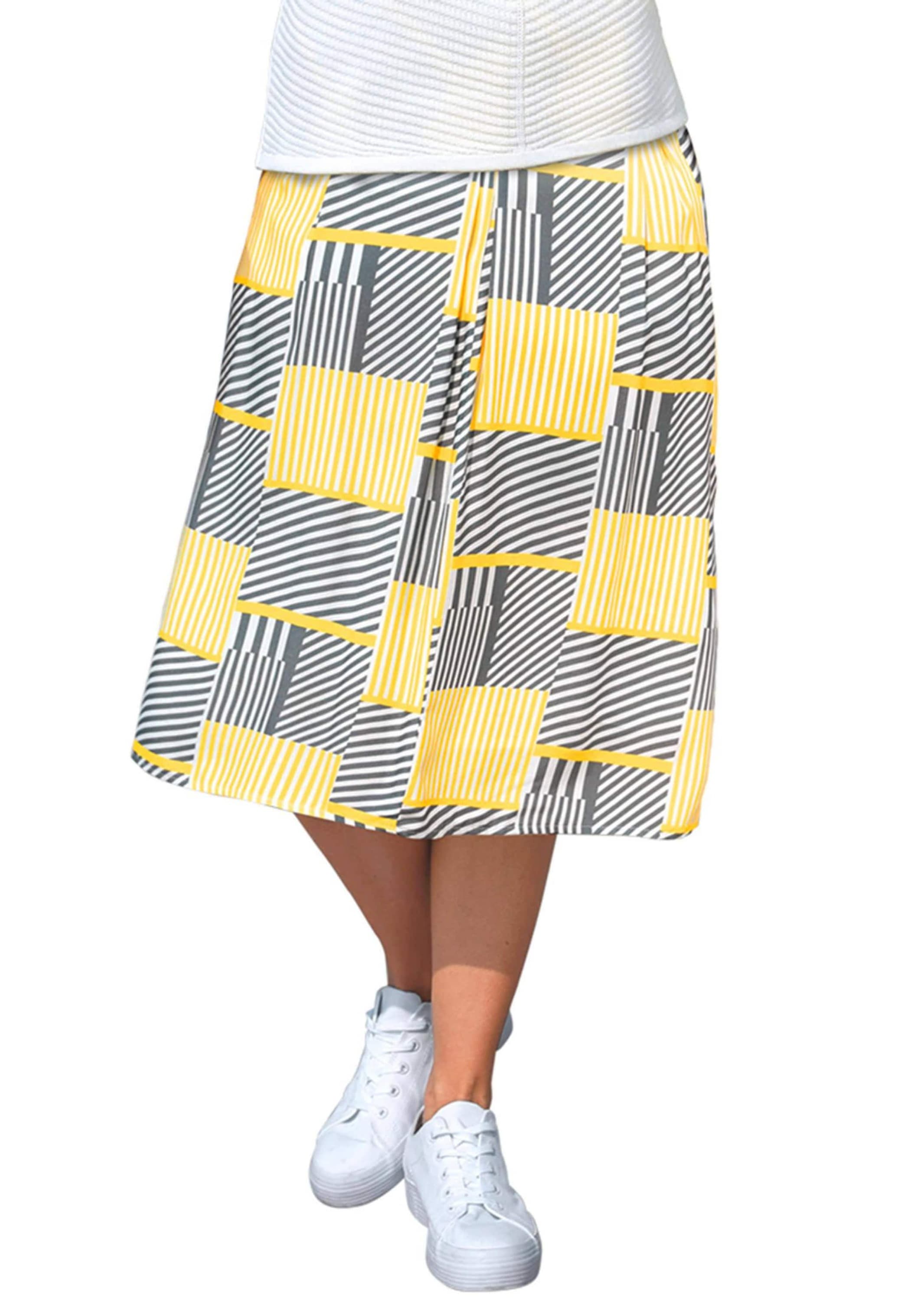 Sommerrock GOLDNER "Moderner Druckrock aus fließender Viscosequalität", Damen, Gr. 54, gelb (gelb, grau, gemustert), Obermaterial: 100% Viskose CV., Röcke