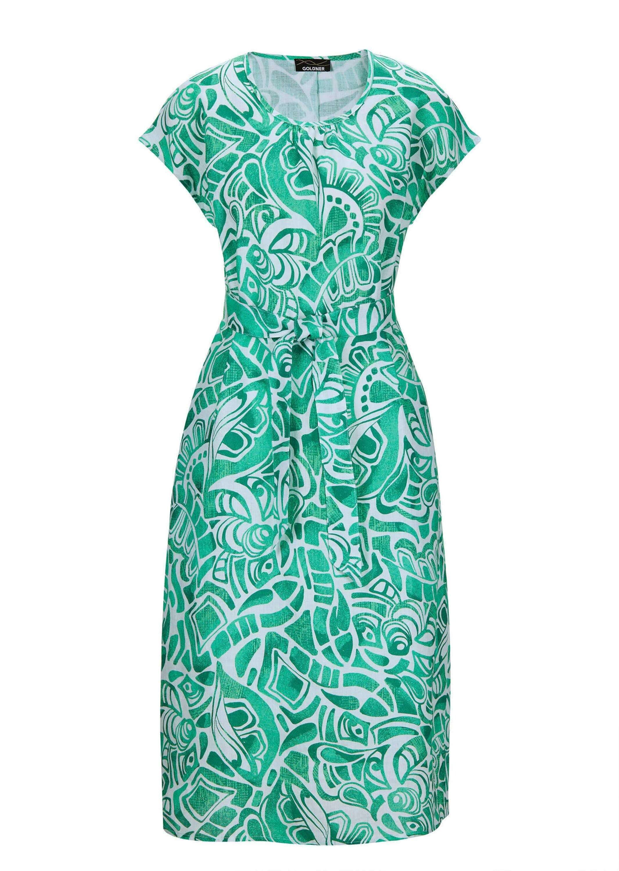 Sommerkleid GOLDNER "Leinenkleid Ethno, Halbarm", Damen, Gr. 54, N-Gr, grün (grün, gemustert), Obermaterial: 100% Leinen LI., Kleider Sommerkleid