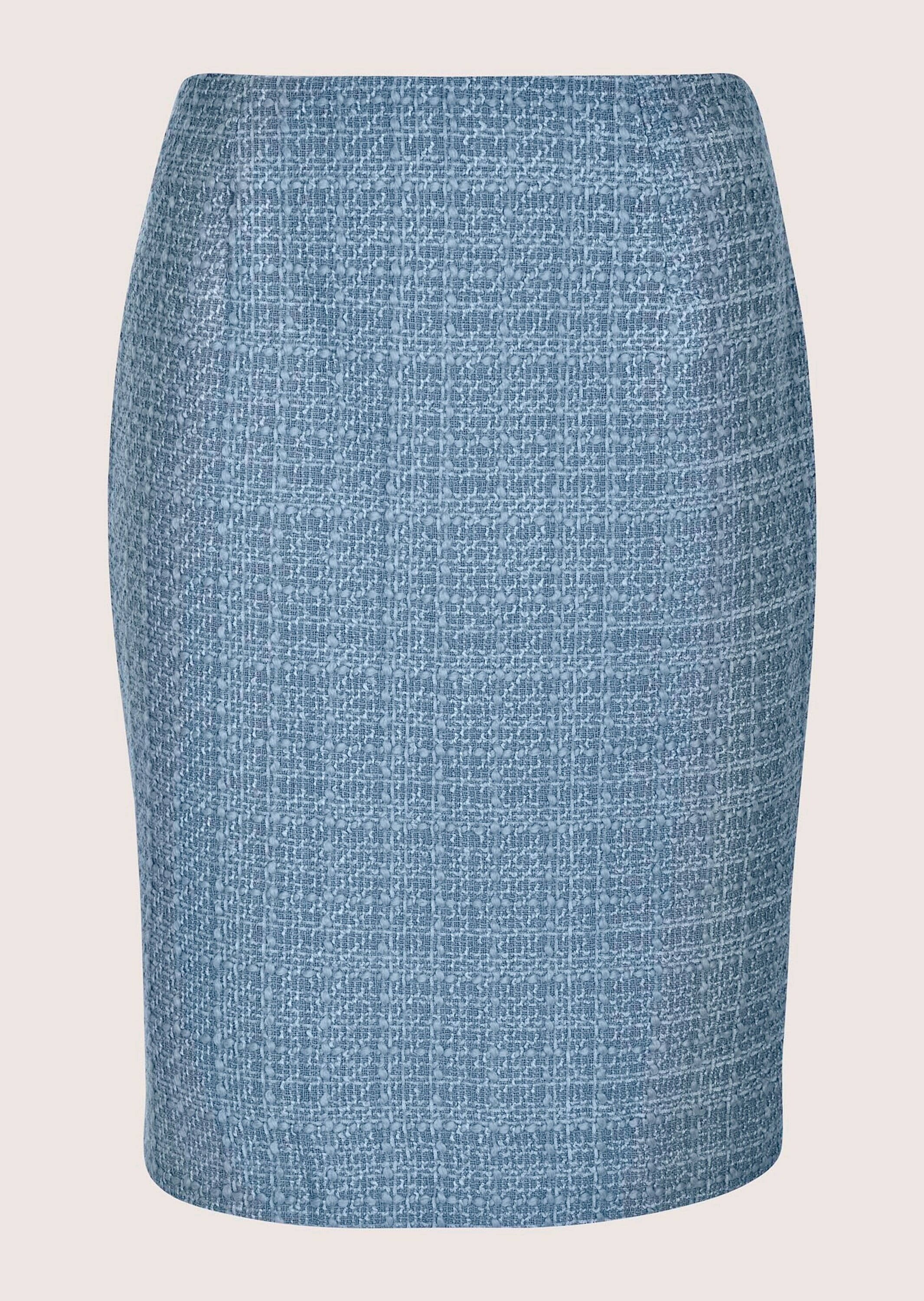 Bleistiftrock MADELEINE "Bouclérock Bleistiftrock in Tweed-Optik", Damen, Gr. 36, blau (rauchblau), Obermaterial: 80% Polyester PES. 20% Wolle mw., Modern, figurbetont, Röcke Bleistiftrock, Kurzer Tweedrock