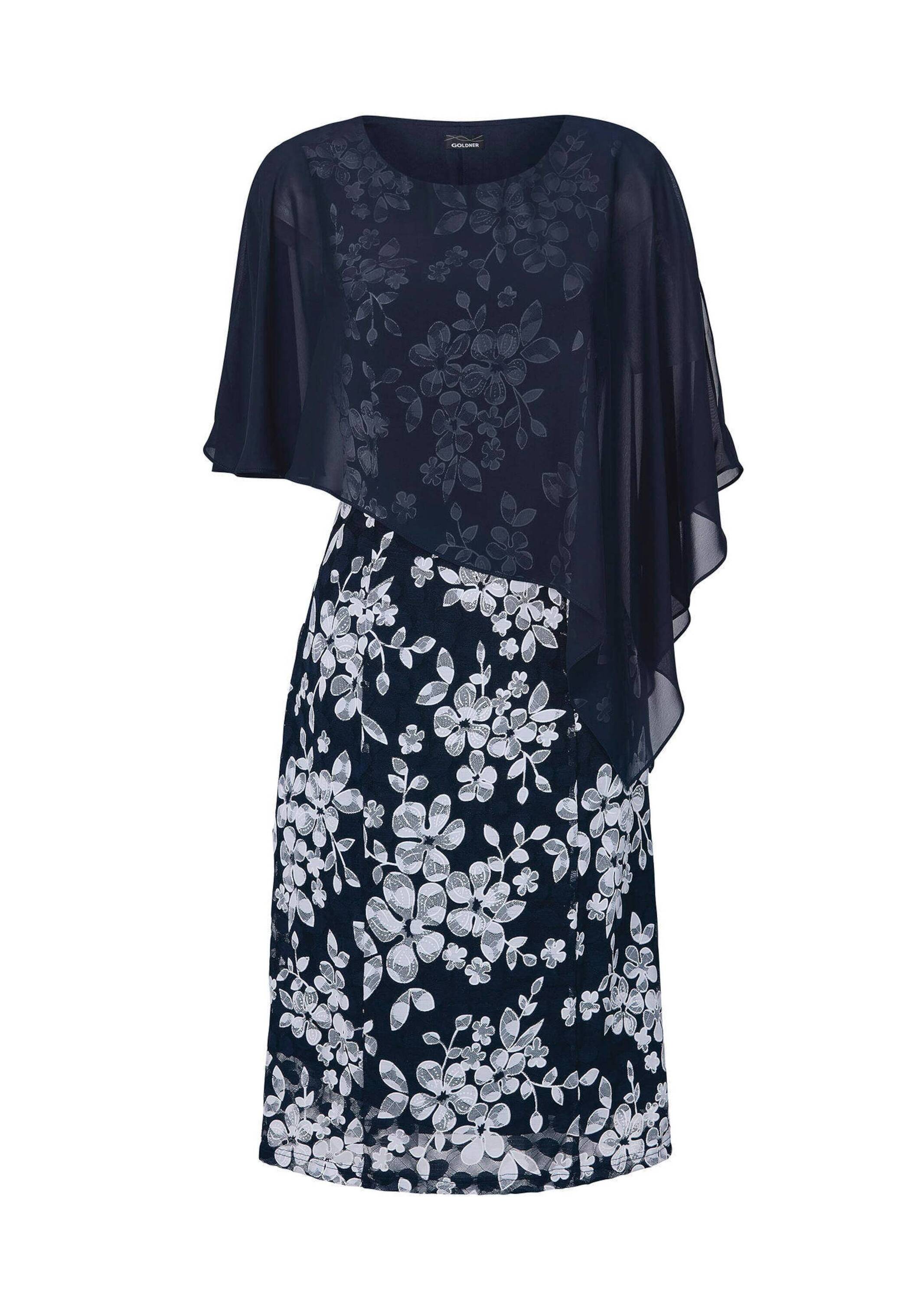 Etuikleid GOLDNER "Kleid aus eleganter Spitze mit Chiffonüberwurf", Damen, Gr. 48, N-Gr, weiß (mitternachtsblau, weiß, geblümt), Obermaterial: 93% Polyamid PA. 7% Elasthan EL., Kleider Etuikleid