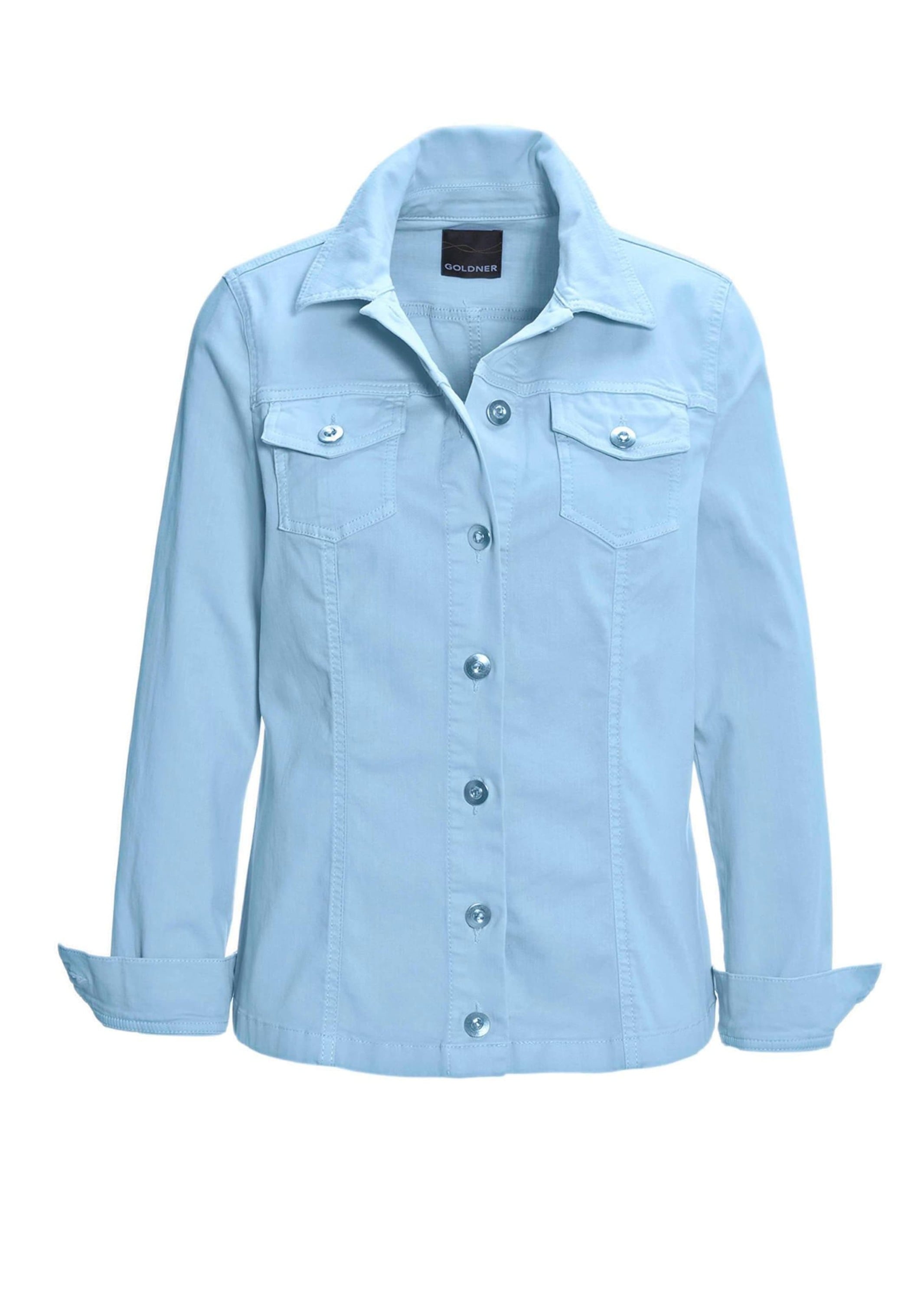 Kurzjacke GOLDNER "Kurzgröße Zeitlose Jeansjacke mit tollen Details", Damen, Gr. 22, blau (bleu), Obermaterial: 98% Baumwolle CO. 2% Elasthan EL., eng Manschette, Jacken Kurzjacke, Ohne Image