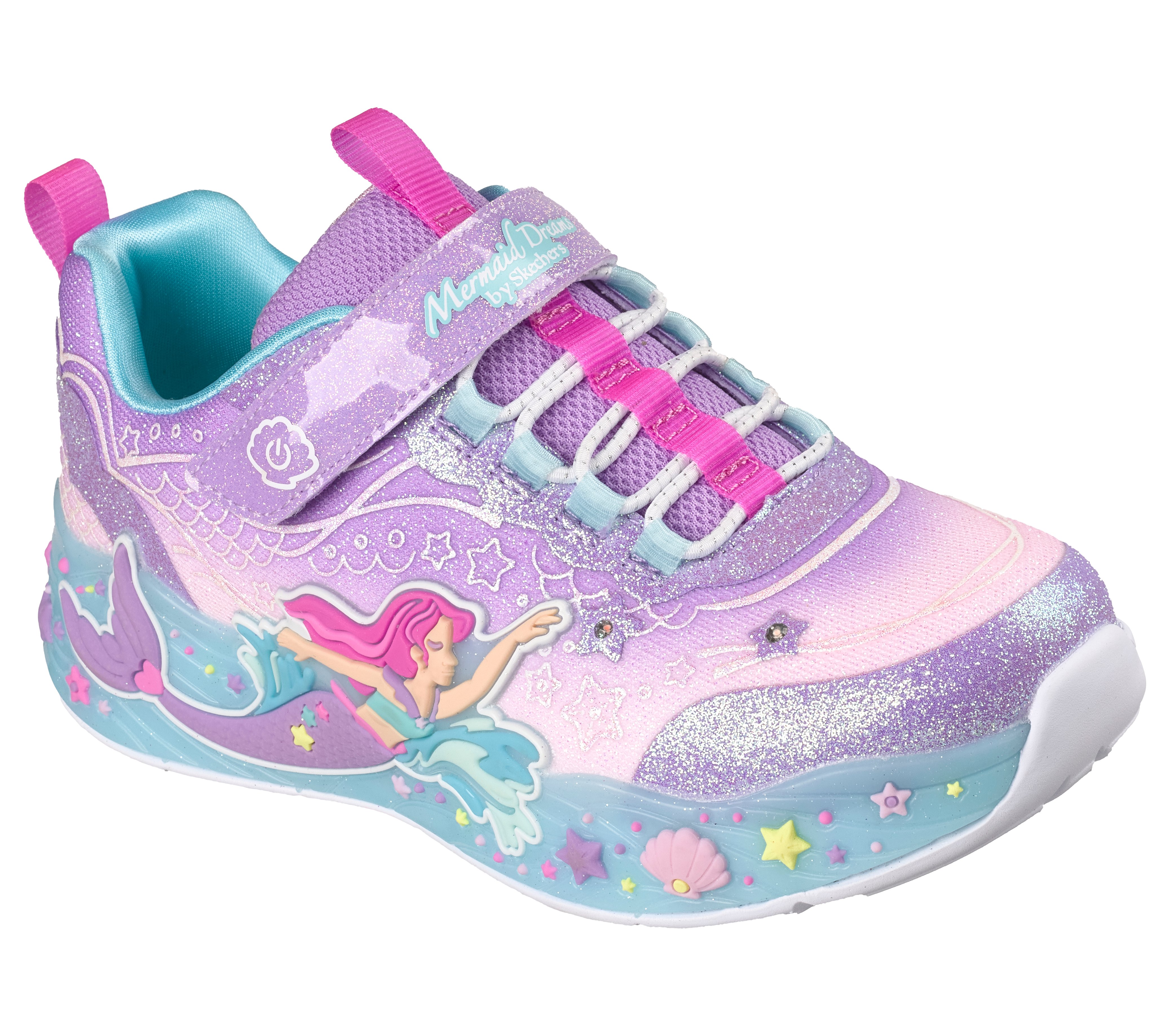Sneaker SKECHERS "MERMAID DREAMS LIGHTS", Damen, Gr. 36, lavendel, Synthetik, Textil, Glitzer, kontrastfarbene Details, Schuhe Sneaker, Blink,-Klettschuh mit Applikation, Größenschablone zum Download
