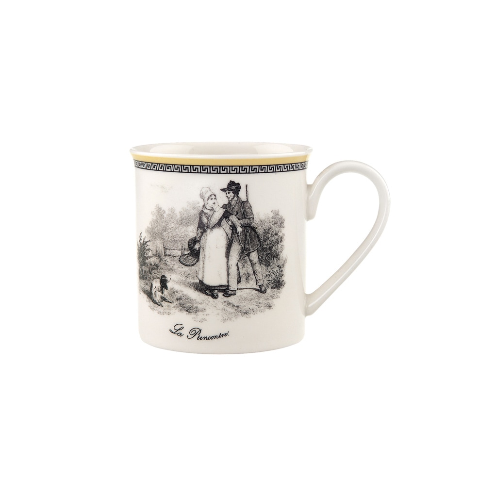 Becher VILLEROY & BOCH "Kaffeebecher Audun Chasse 300 ml weiß-grau-gelb", bunt (weiß, grau, gelb), Porzellan, Trinkgefäße, Becher