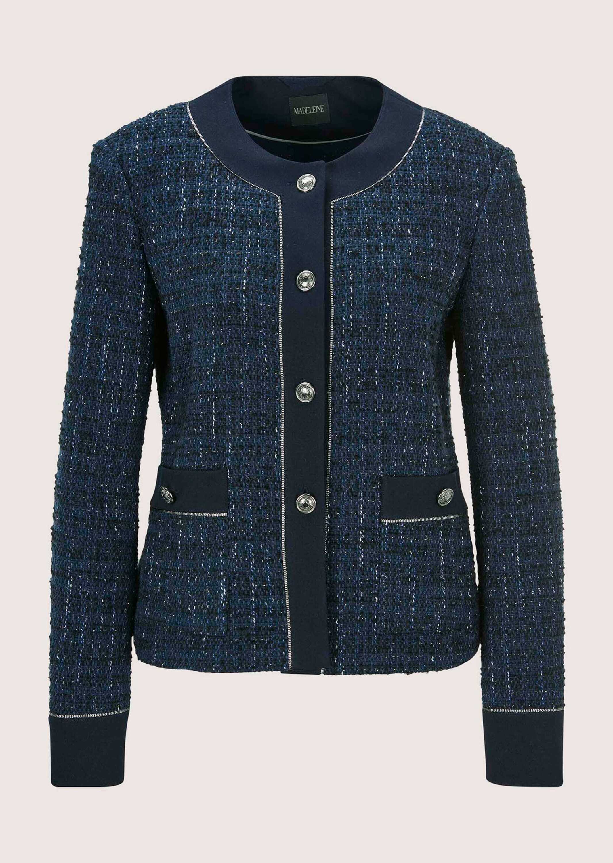 Jackenblazer MADELEINE "Tweed-Blazer Eleganter Damenblazer mit kurzem Schnitt", Damen, Gr. 44, blau (marine, wollweiß, melange), Obermaterial: 55% Baumwolle CO. 21% Polyester PES. 18% Polyacryl PAN. 4% sonstige Fasern AF. 1% Polyamid PA., Blazer