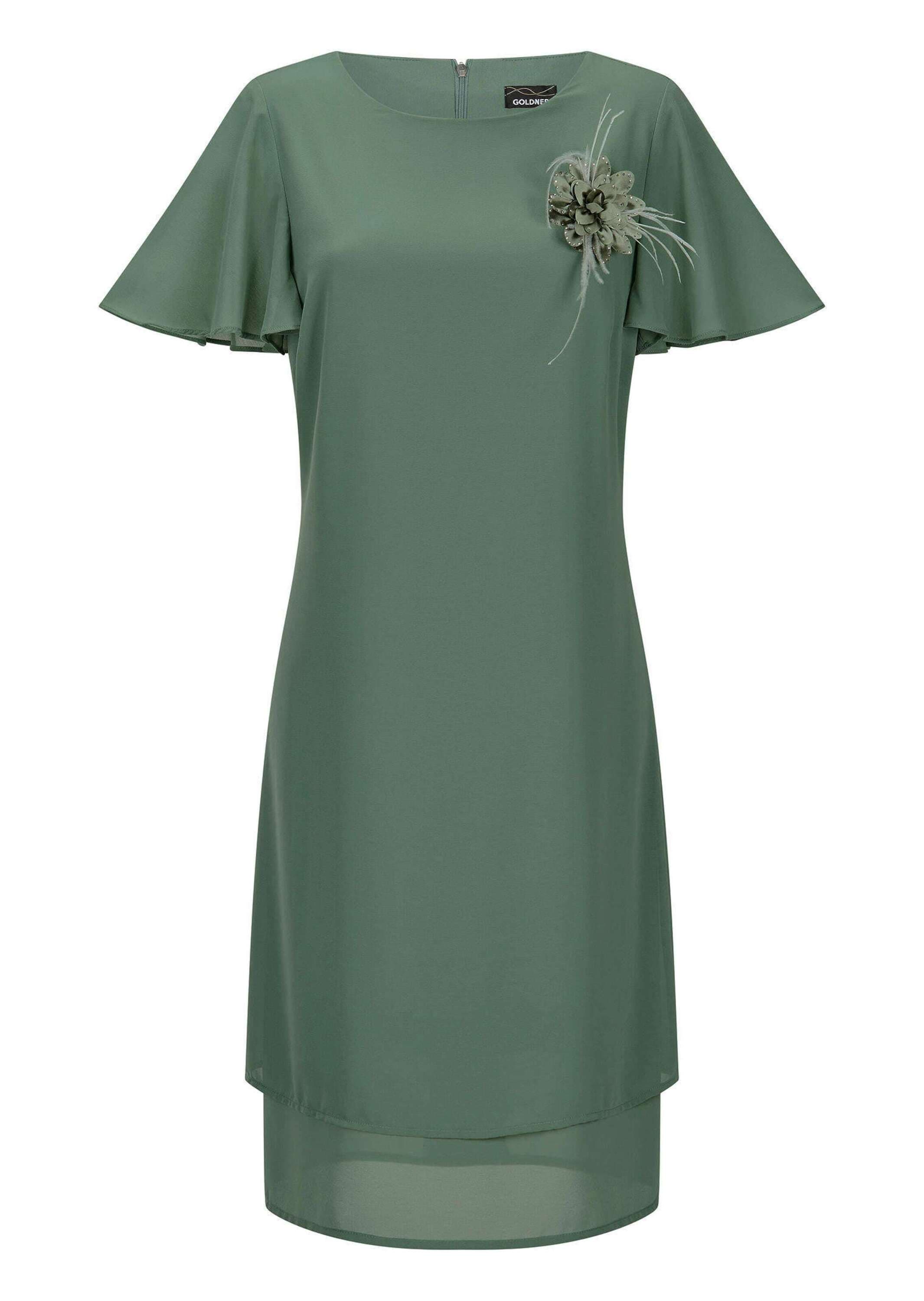 Sommerkleid GOLDNER "Elegantes Chiffon-Kleid mit Brosche", Damen, Gr. 52, N-Gr, grün (salbei), Obermaterial: 100% Polyester PES., Kleider Sommerkleid