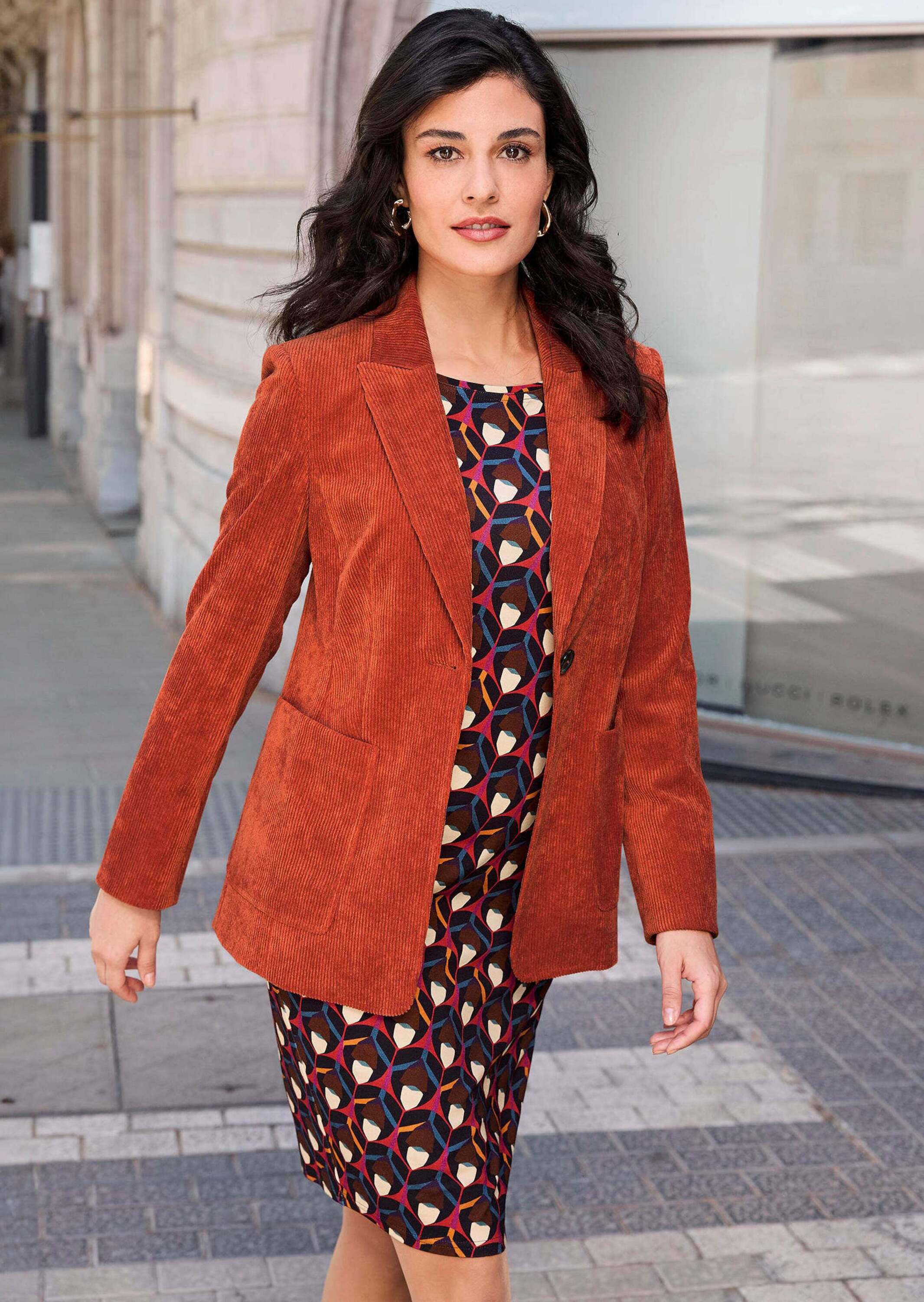 Jerseyblazer ALBA MODA "Cordblazer Cordblazer", Damen, Gr. 40, orange, Obermaterial: 82% Polyester PES. 15% Polyamid PA. 3% Elasthan EL., Blazer