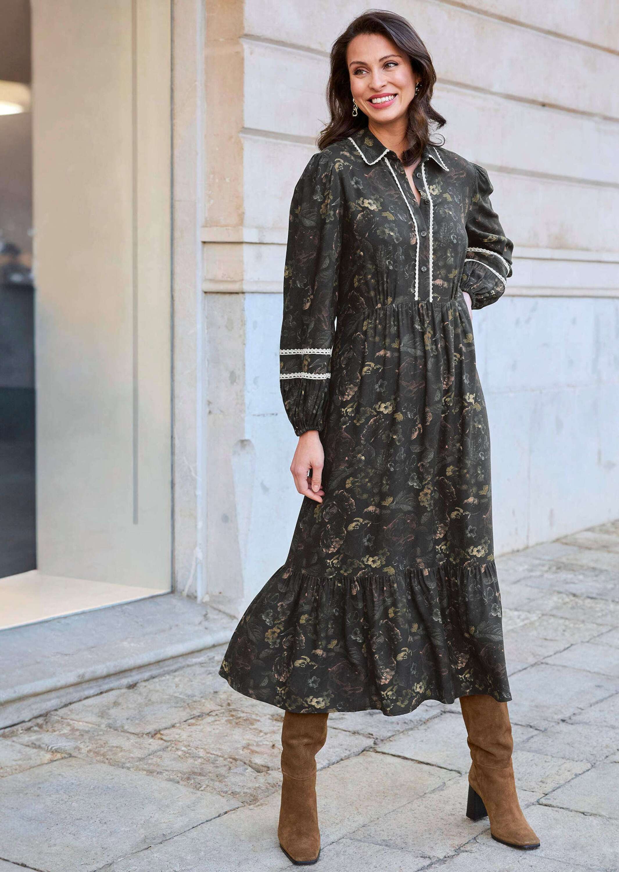 Midikleid ALBA MODA "Kleid Kleid", Damen, Gr. 44, N + K Gr, schwarz (schwarz, multicolor), Obermaterial: 100% Viskose CV., Kleider Midikleid