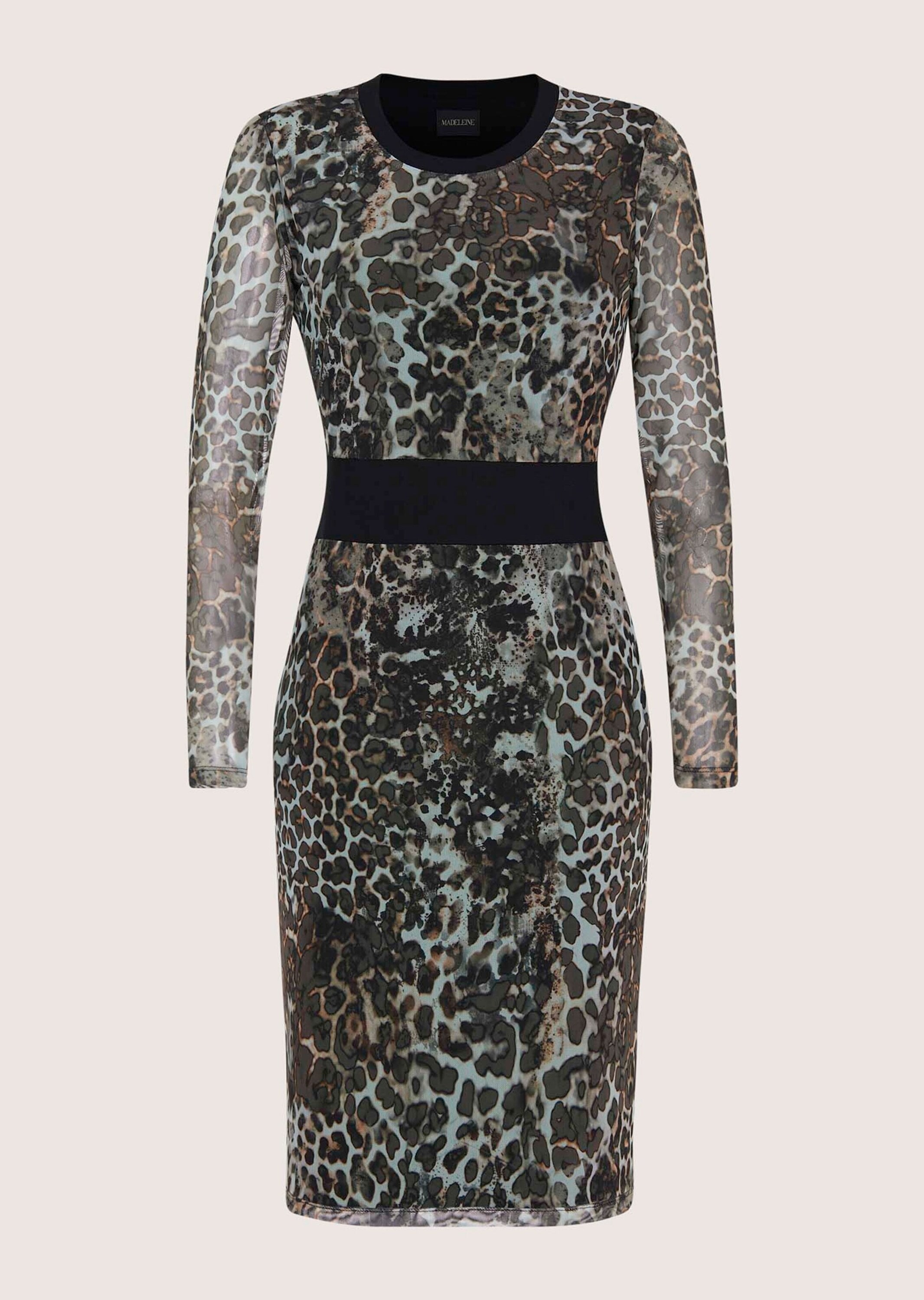 Sommerkleid MADELEINE "Etuikleid Elegantes Mesh-Kleid mit Animal-Print", Damen, Gr. 40, N-Gr, schwarz (schwarz, beige, multicolor), Obermaterial: 95% Polyester PES. 5% Elasthan EL., Kleider Sommerkleid