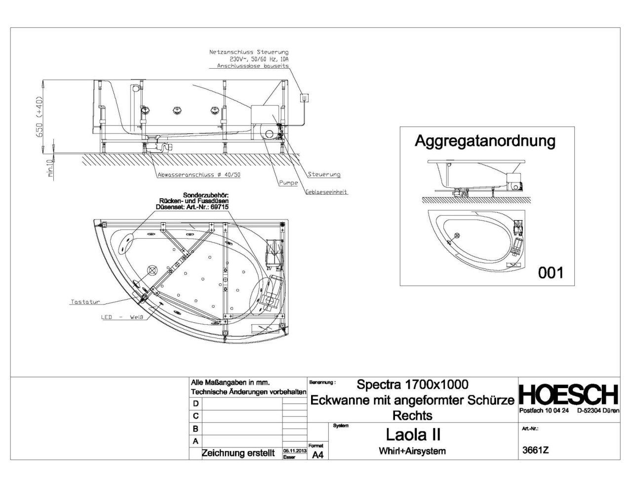 Hoesch Whirlwanne Spectra Eck 1700x1000 rechts mit angeformter Schürze 3661Z.010305001 Image