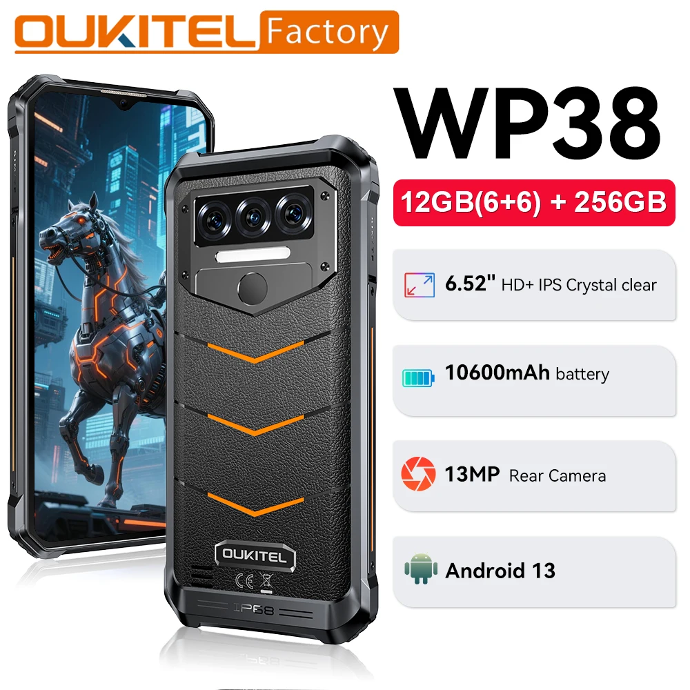 Global version Oukitel WP38 Rugged Phone 6.52” HD+ Display Octa Core Mobile Phone 12GB+256GB 110600mAh Smartphone Android 13 NFC