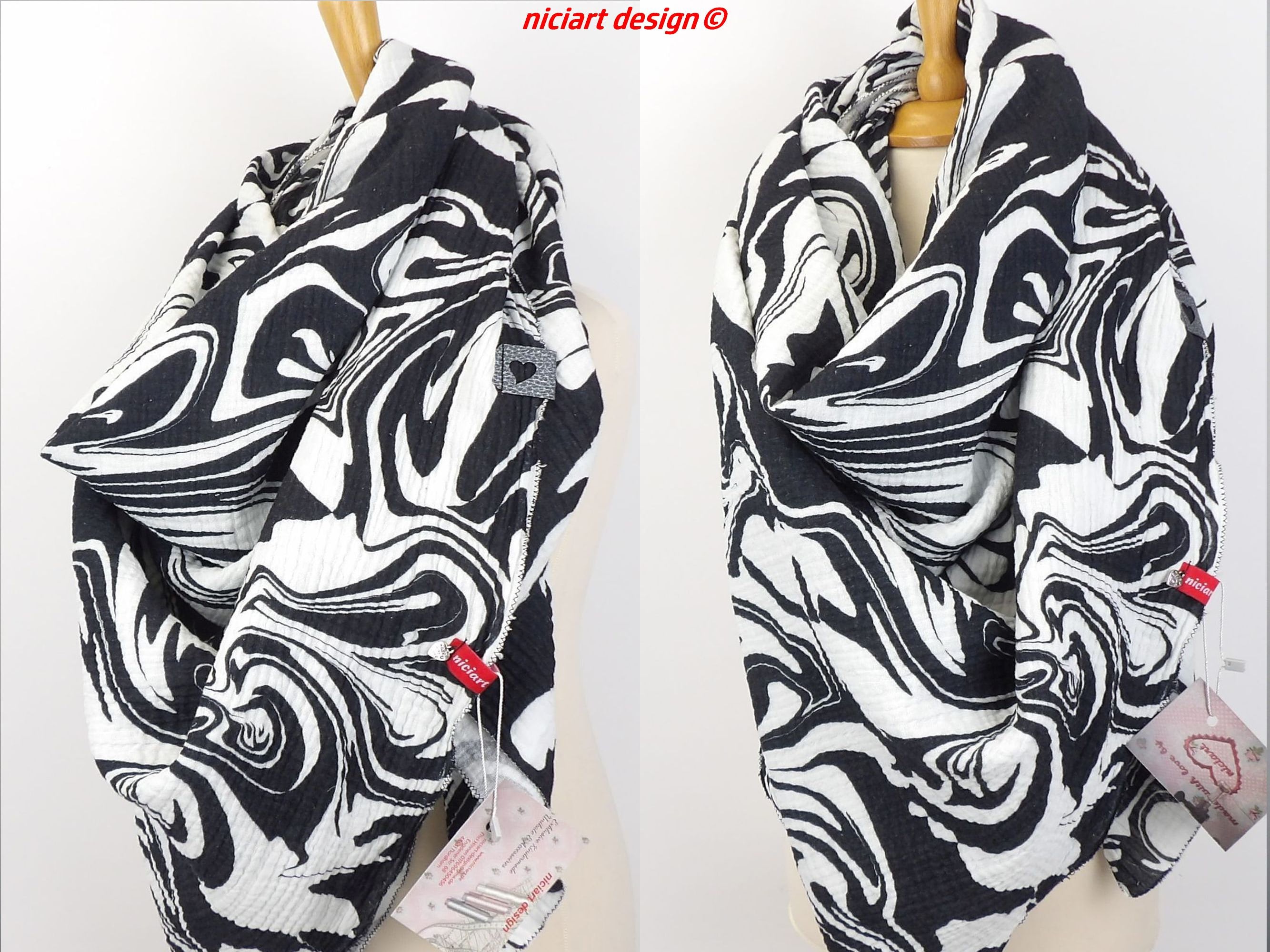 Sciarpa in mussola XXL, sciarpa da donna, sciarpa in cotone, sciarpa da donna, 100% cotone, sciarpa triangolare, motivo marmo bianco e nero, design ni